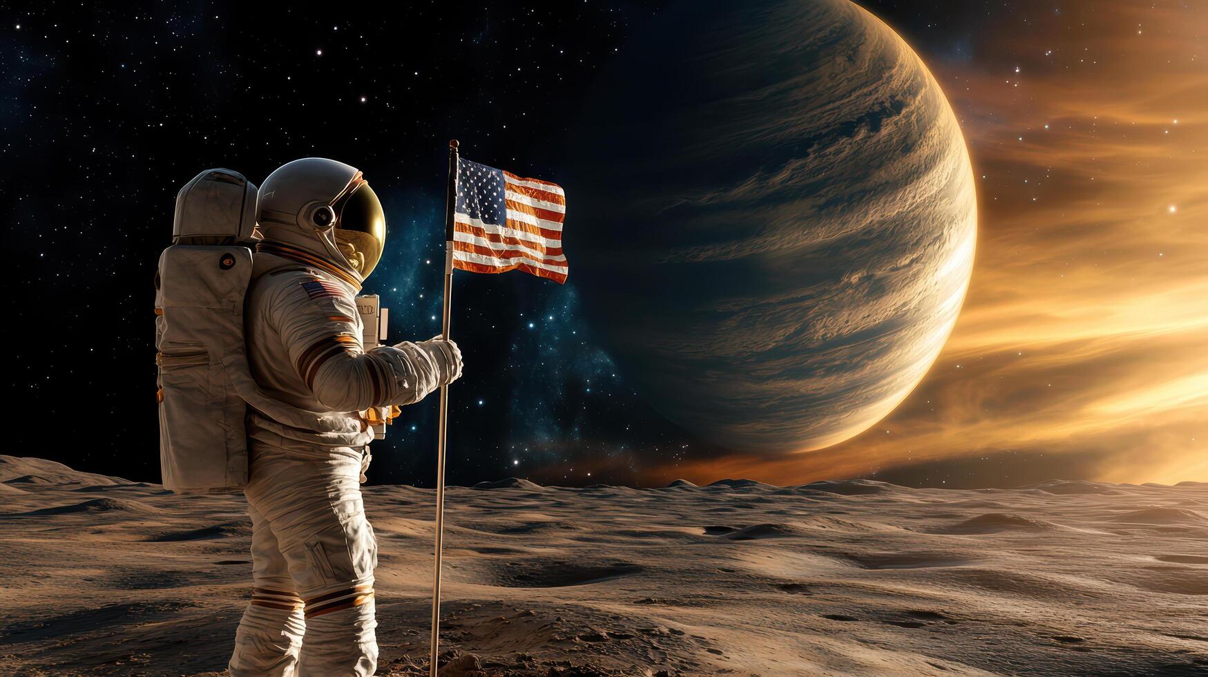 astronaut standing on lunar surface, holding flag, gazing at distant planet photo