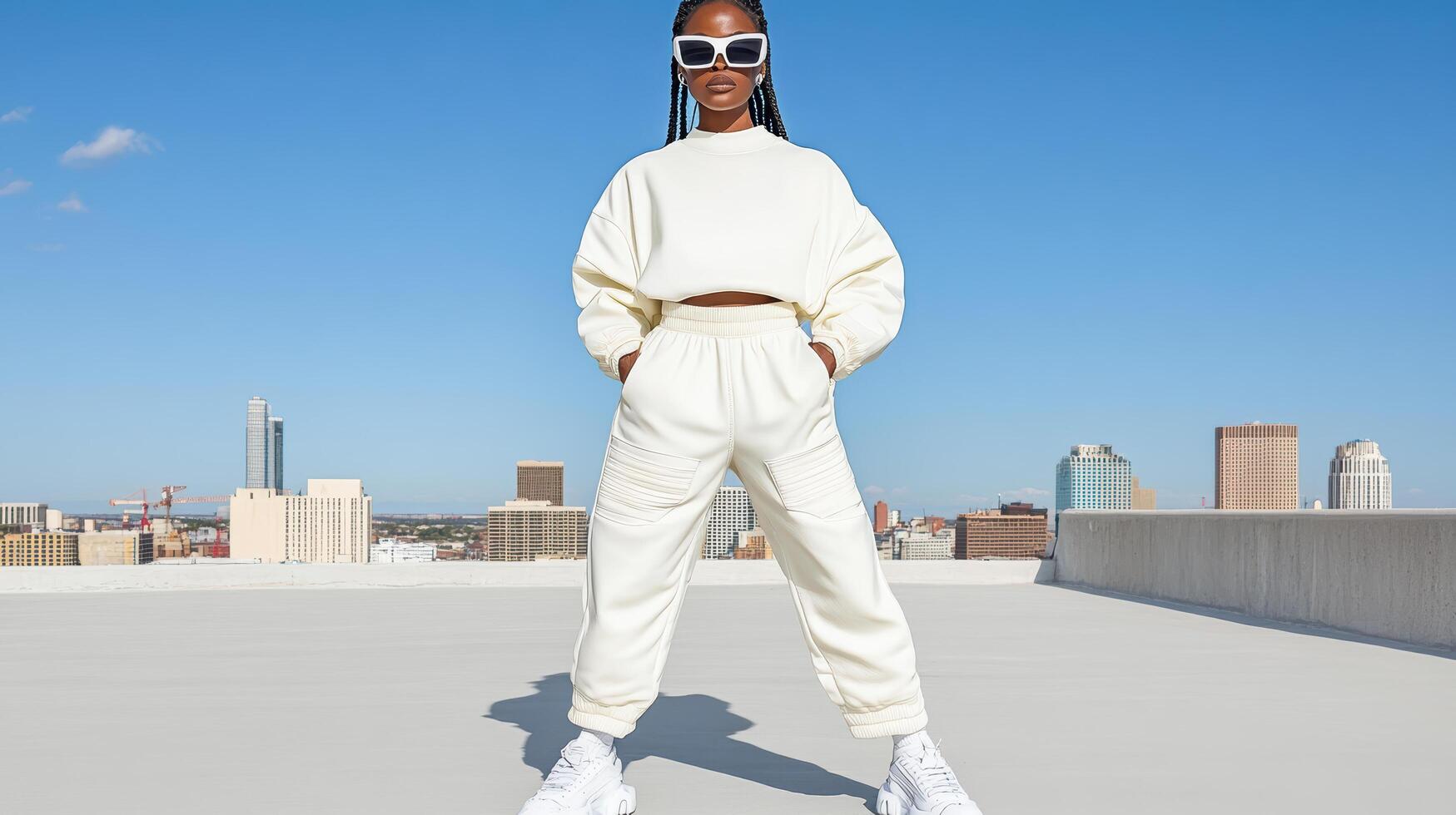 Stylish woman in monochromatic athleisure outfit against city skyline photo