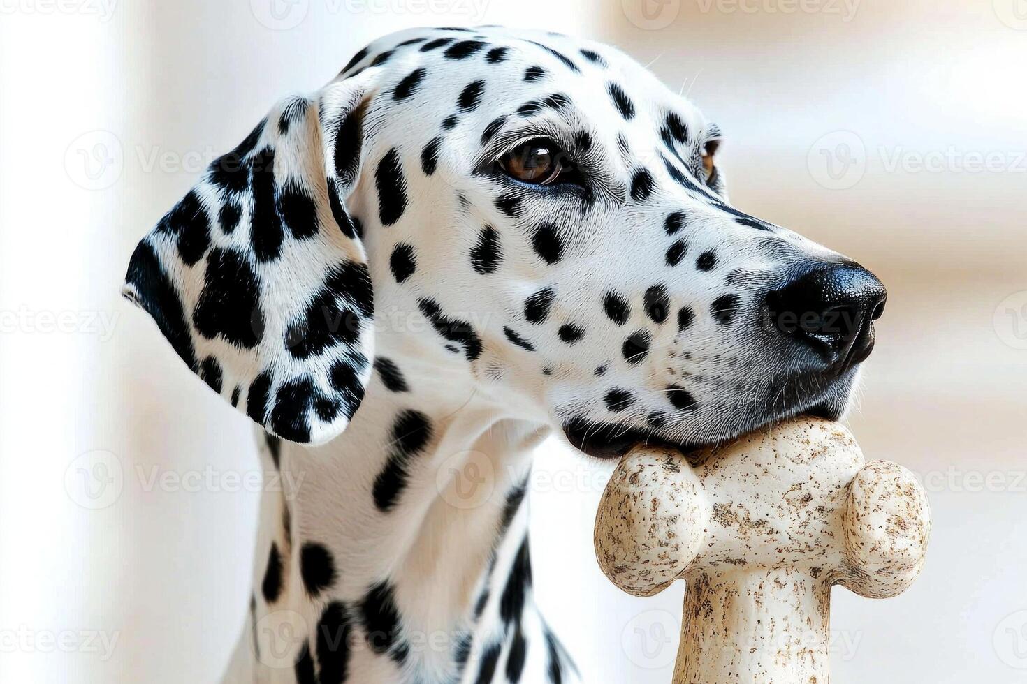 Dalmatian is happily chewing on bone showcasing its distinct black and white spots against simple clean white backdrop. focus is on dog's expression and texture of bone photo
