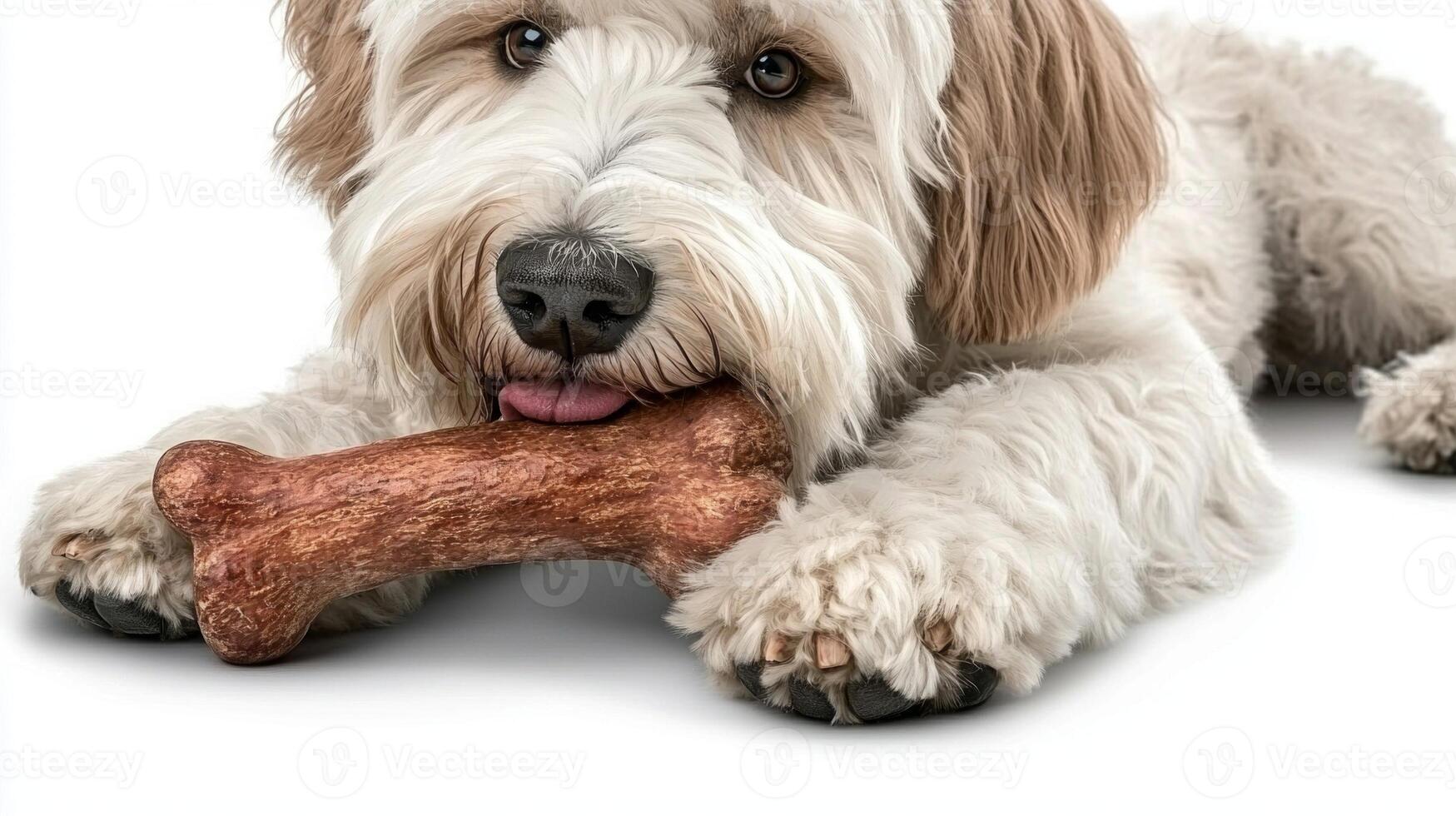playful Komondor enjoys chewing on bone while resting on spotless white background. dog's fluffy coat stands out highlighting its charming demeanor photo