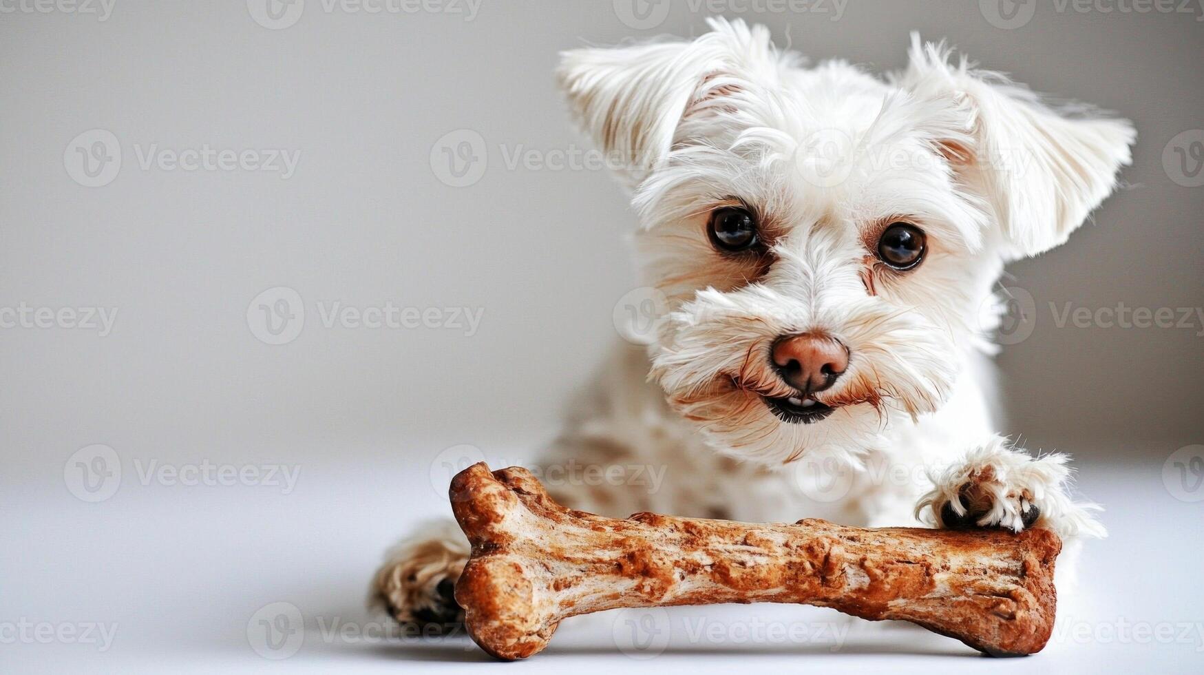 Maltese dog happily chews on bone displaying its lively spirit and fluffy white fur. clean background enhances its charming features in delightful moment photo
