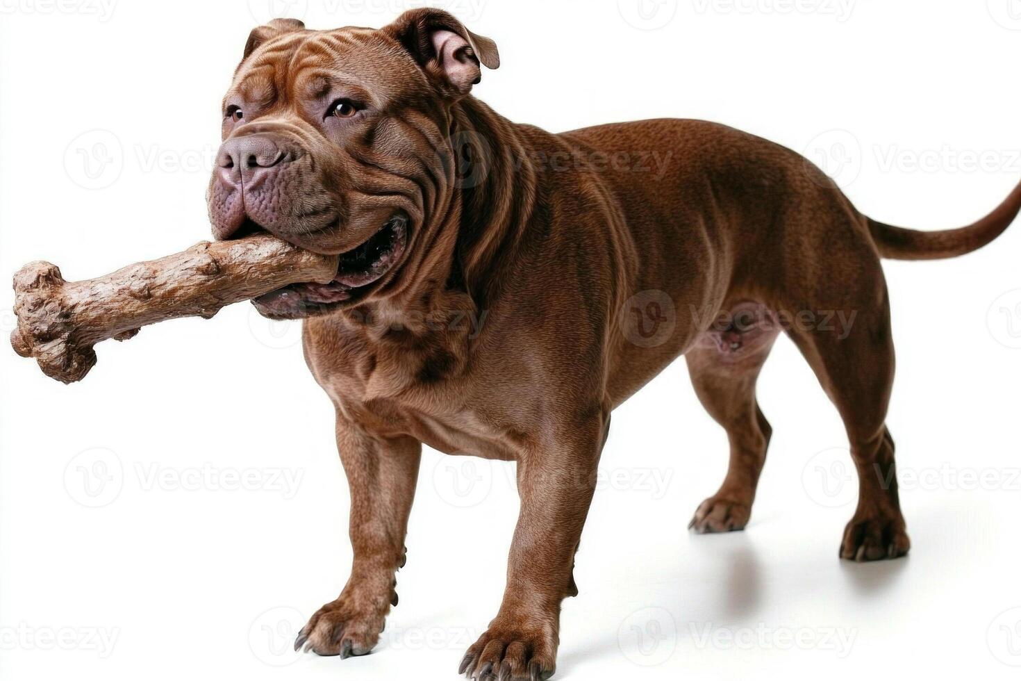 Neapolitan Mastiff stands proudly large bone in its mouth against pristine white background. dog appears playful and content showcasing its muscular build photo