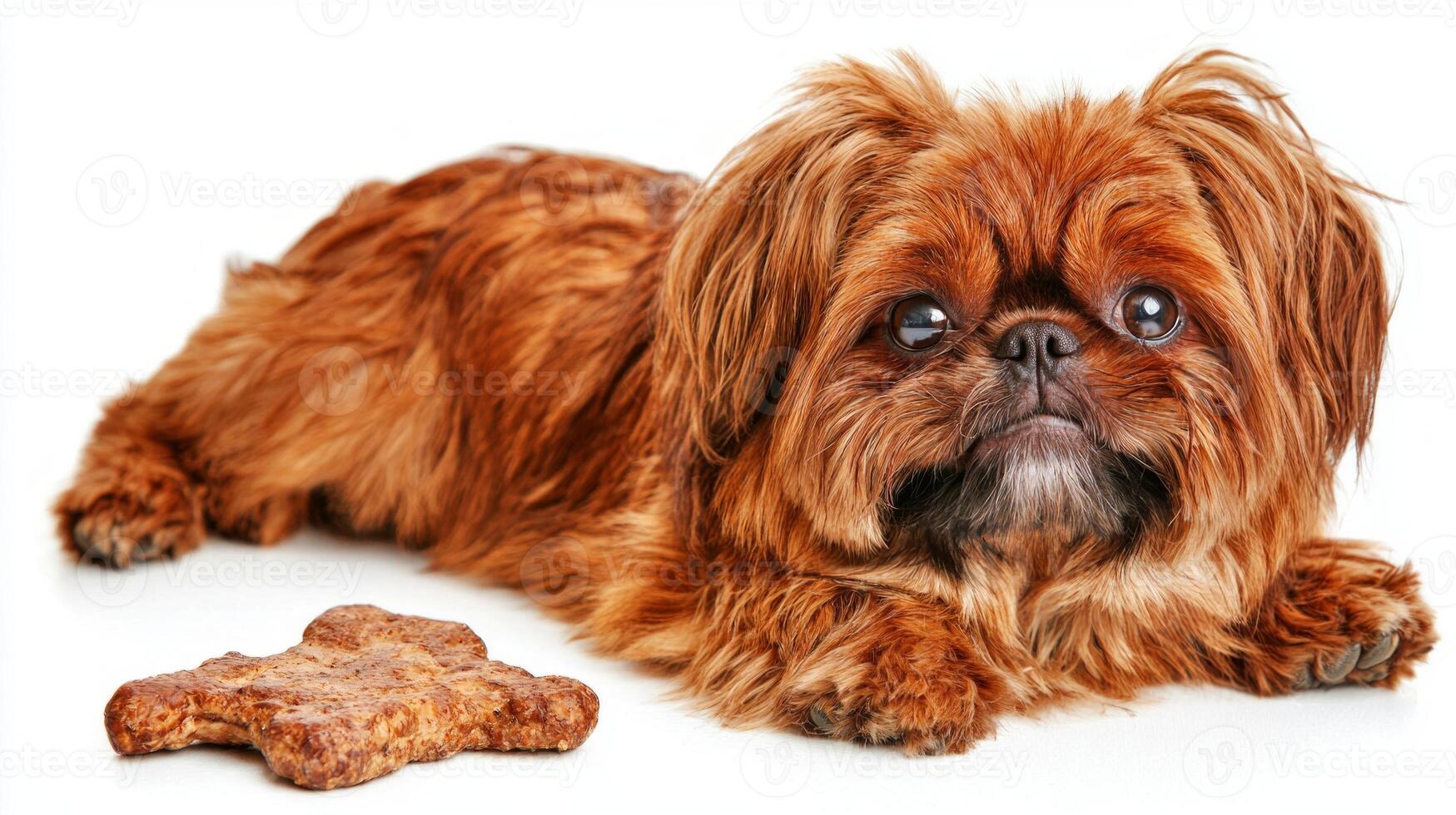 Pekingese lies on white background focused on chewing bone. Its fluffy fur glistens as it enjoys tasty treat showcasing curious and playful demeanor photo