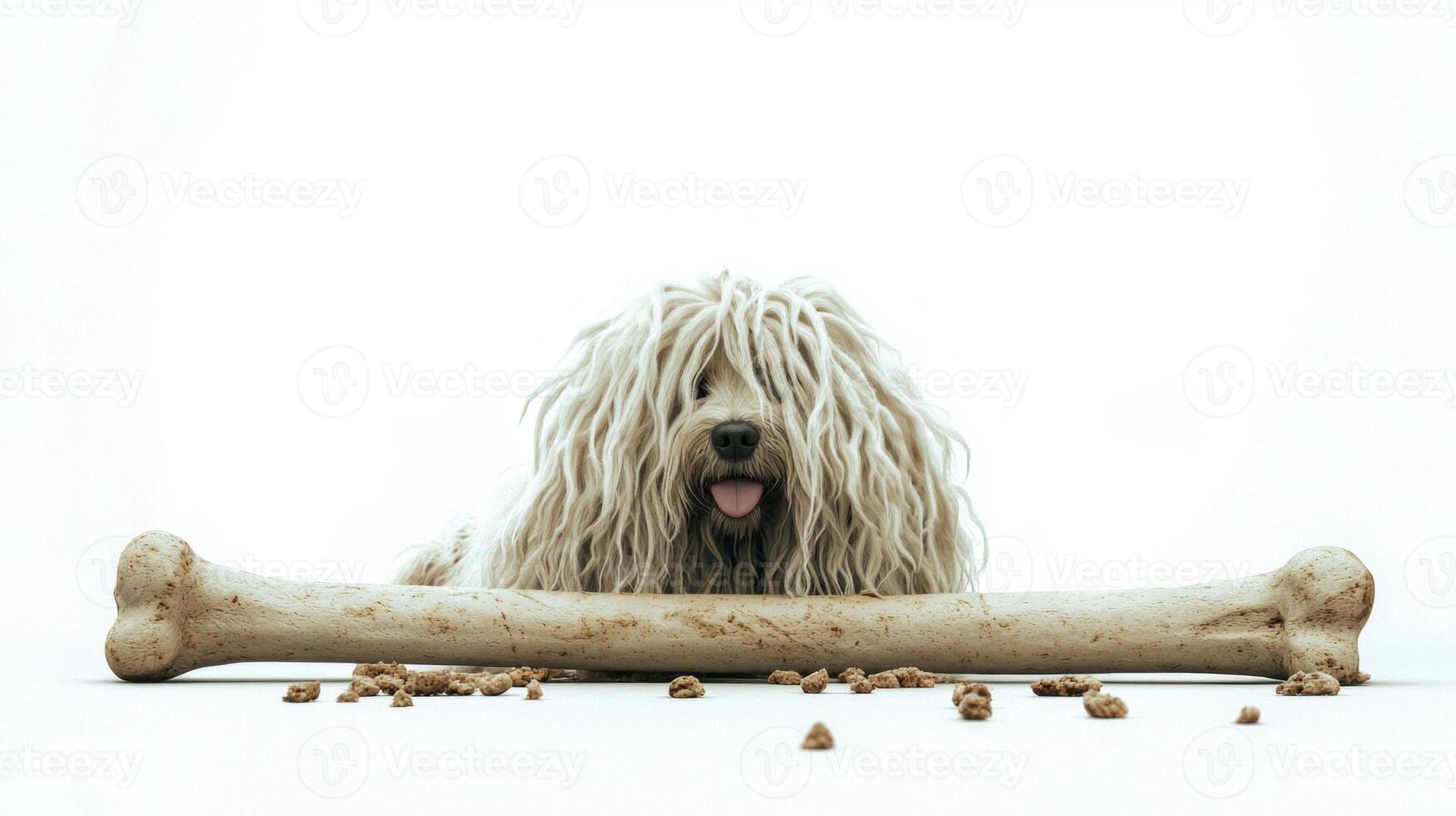 Puli is happily chewing on large bone while surrounded small pieces of food on clean white background. dog looks content and focused on its treat photo