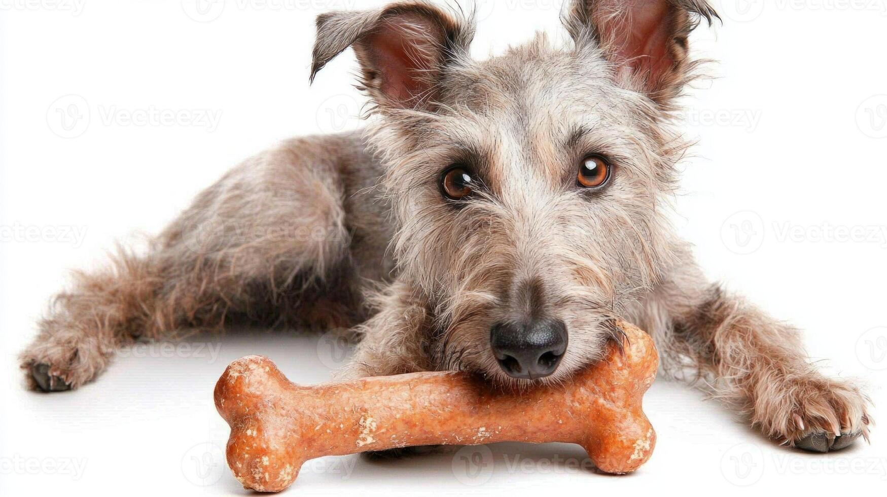 Scottish Deerhound is engaged in chewing large bone displaying its charming features and relaxed demeanor on bright white background highlights its unique texture and colors photo