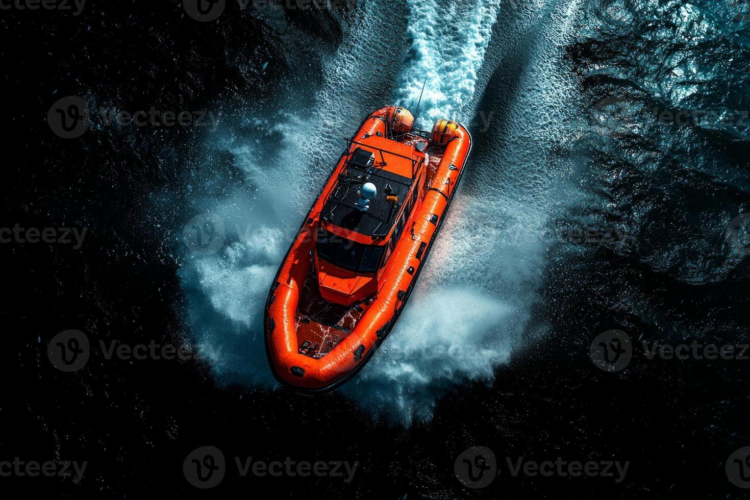 small lifeboat makes its way through relentless waves larger ship faintly visible in background stormy sky. drone captures dramatic conflict of nature photo