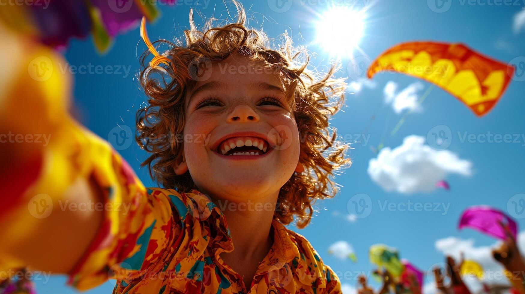 cheerful Caucasian boy curly hair enjoys sunny afternoon while holding kite string. colorful kite soars high in clear blue sky capturing moment of pure joy photo