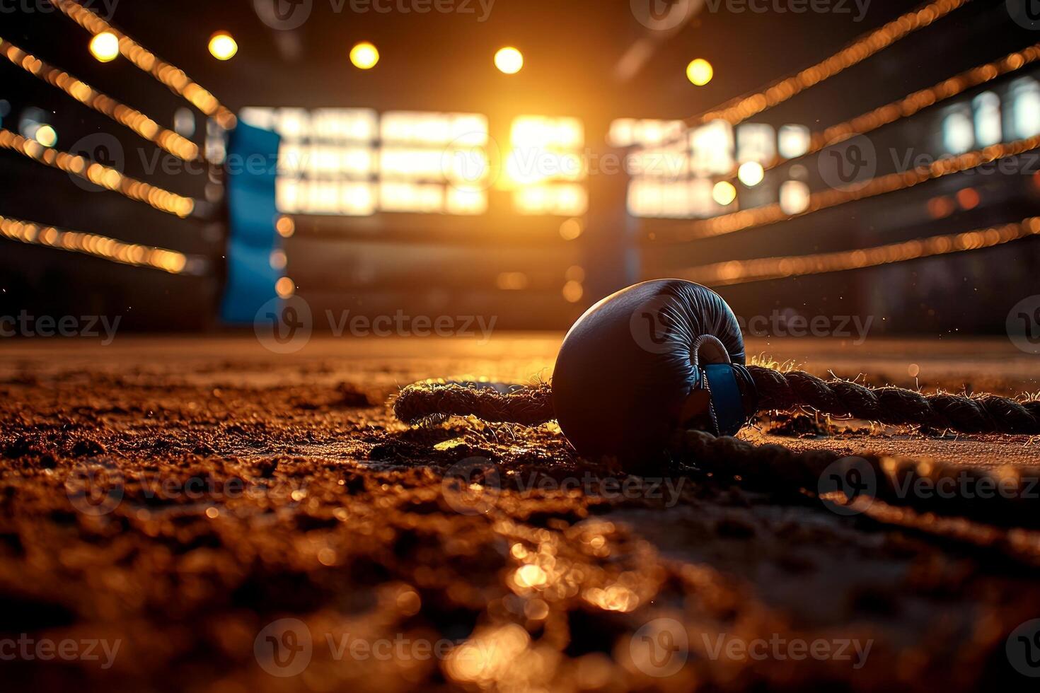 low angle shot reveals empty boxing ring worn canvas and tall ropes bathed in golden sunset light and highlighted floating dust particles photo