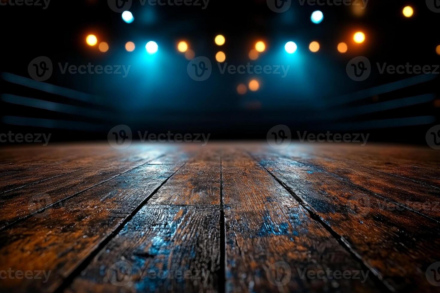 Ceiling lights cast moody atmosphere in empty boxing ring. polished wooden floor reflects faint light enhancing dramatic scene of anticipation and quiet photo