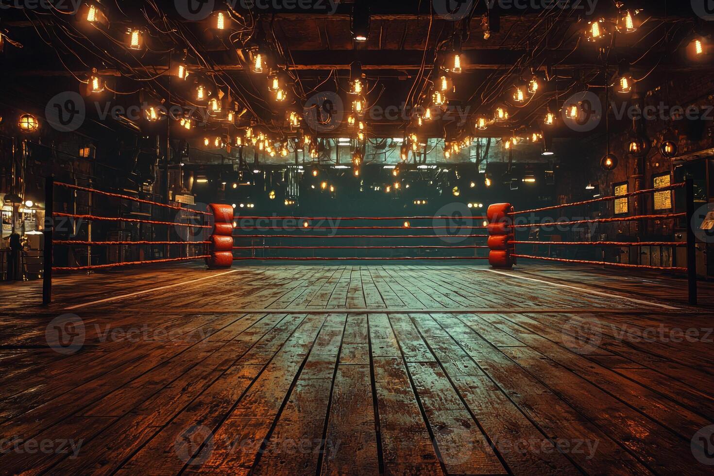 low angle perspective showcases ceiling lights casting stark shadows polished wood floor of empty boxing ring creating dark and moody atmosphere photo