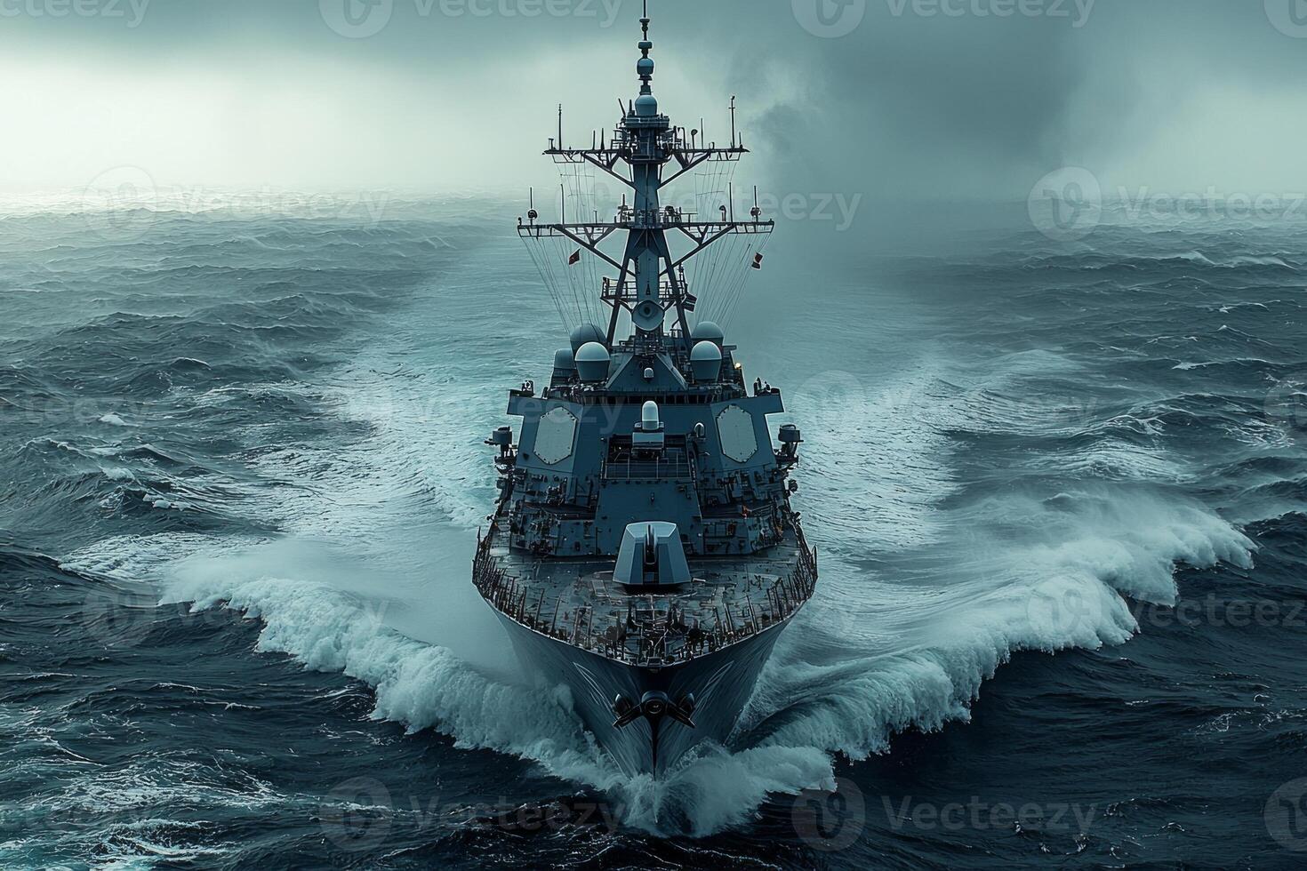 contemporary naval destroyer powers through storm its strong engines thrumming against ferocious waves surrounded mist and ocean spray moody skies photo