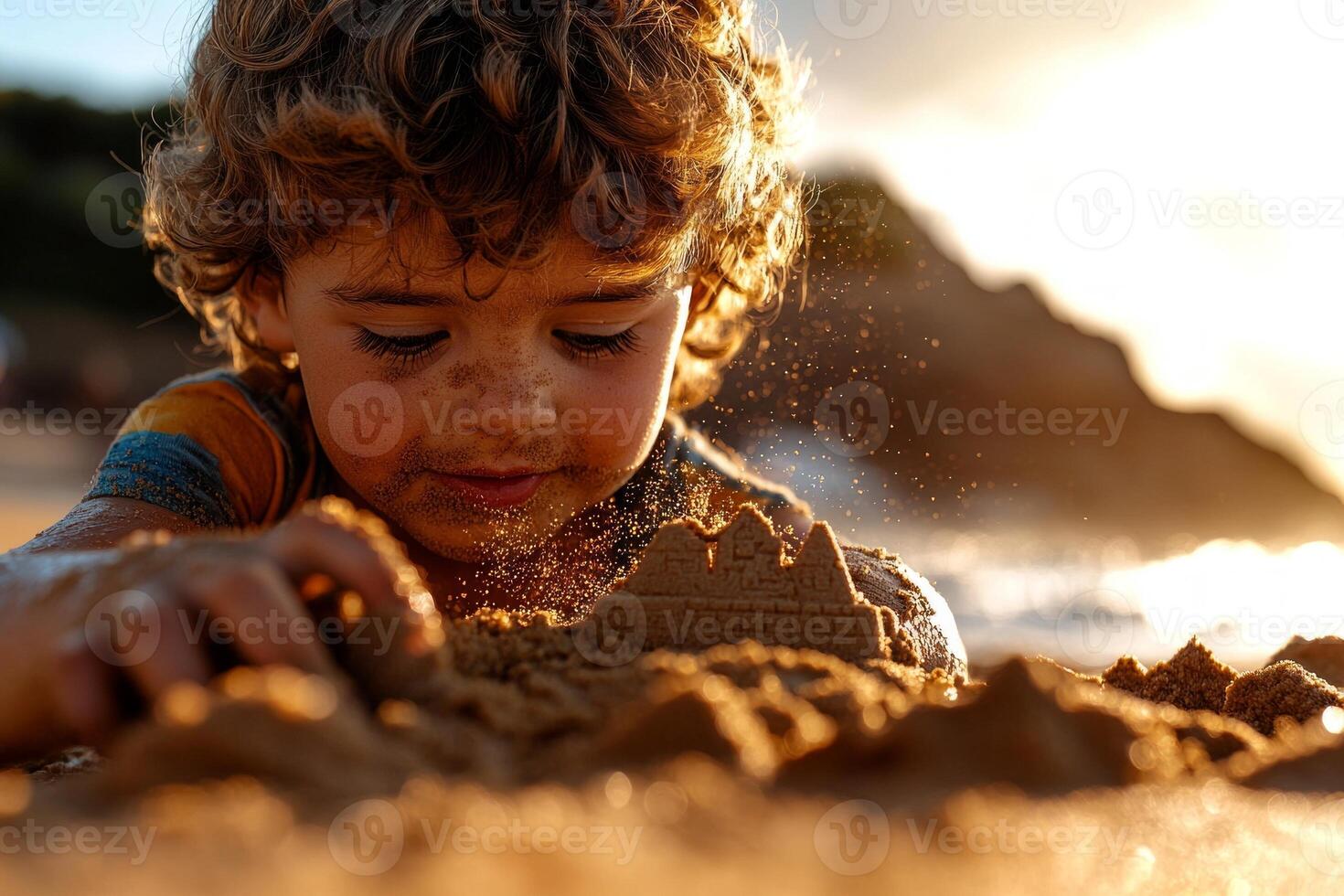 Middle Eastern boy focuses on building sandcastle beach. Waves crash in background and soft morning light creates warm atmosphere enhancing joyful activity photo