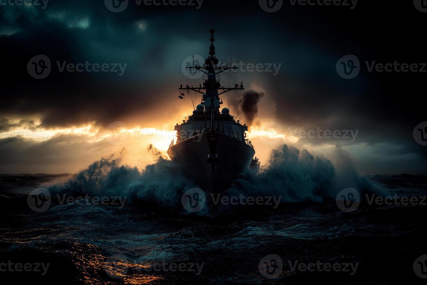 modern naval destroyer navigates fierce waves stormy skies. Its engines propel against relentless spray and mist demonstrating strength in turbulent waters photo