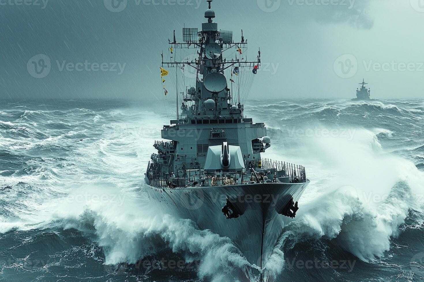 modern naval destroyer navigates through turbulent waters as strong winds and heavy mist engulf vessel. Its engines push back against crashing waves photo