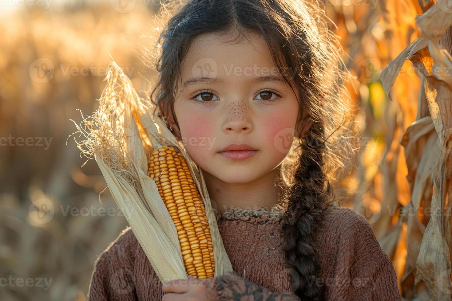 In beautiful cornfield sunset young Native American girl proudly holds ear of corn. warm glow highlights her delicate features and rich cultural heritage in serene setting photo