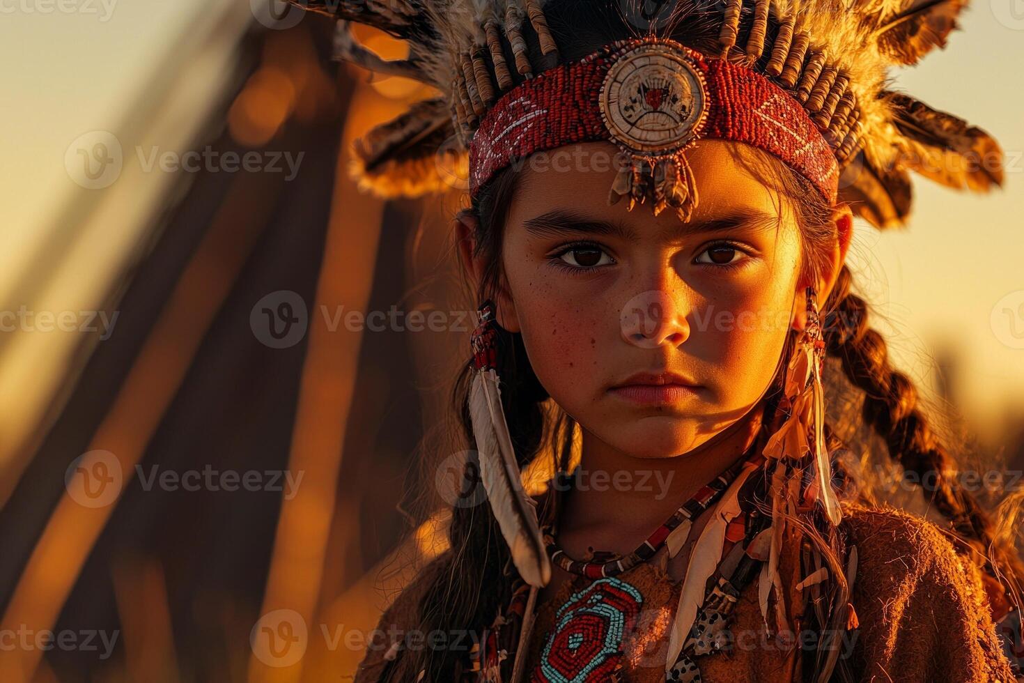 Native American child stands confidently in traditional attire showcasing cultural heritage against background of tepee. warm evening light enhances proud expression photo