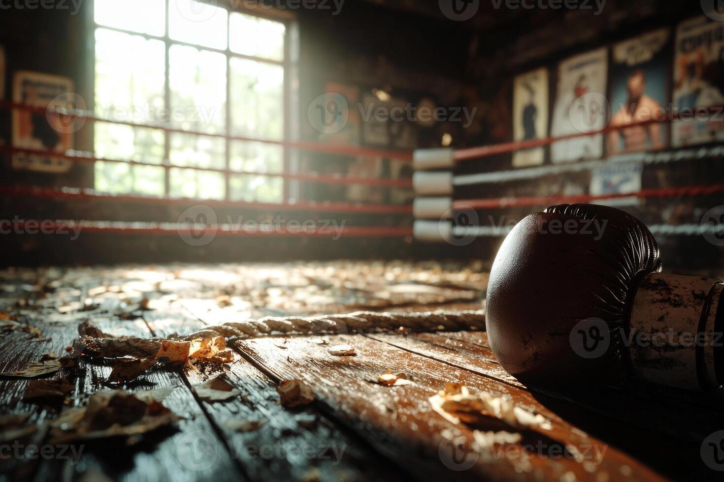 boxing ring sits empty showcasing torn canvas and frayed ropes. Sunlight filters through cracked windows illuminating faded match posters on gym walls evoking sense of nostalgia photo