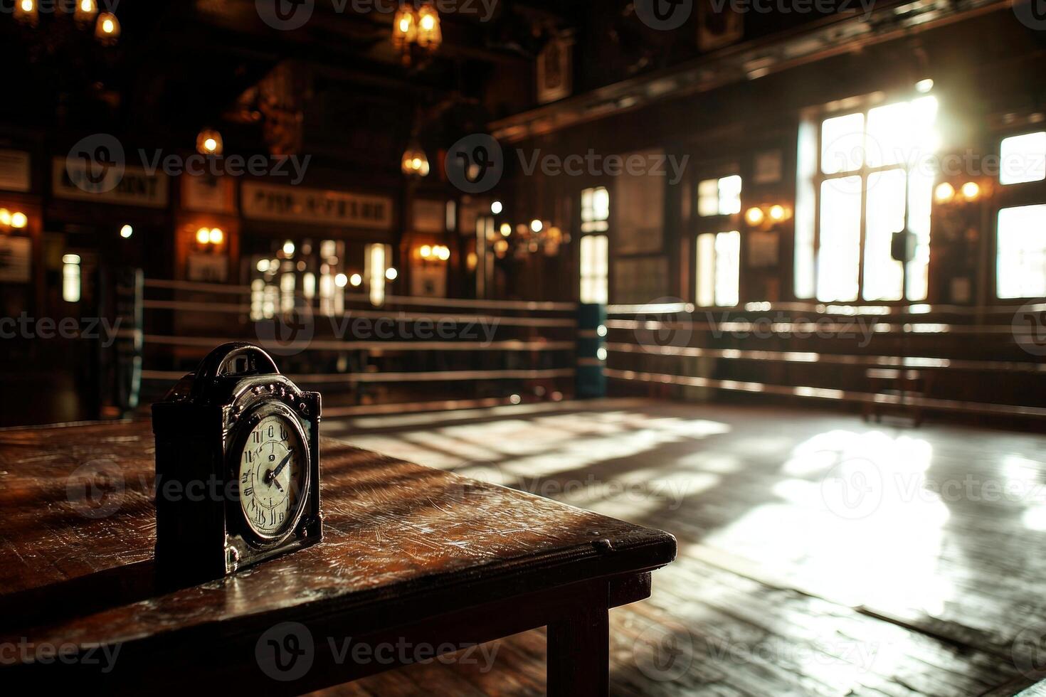 professional setting displays empty boxing ring where bell and timer sit quietly on table. rich shadows and warm lighting create inviting yet intense atmosphere evoking anticipation photo