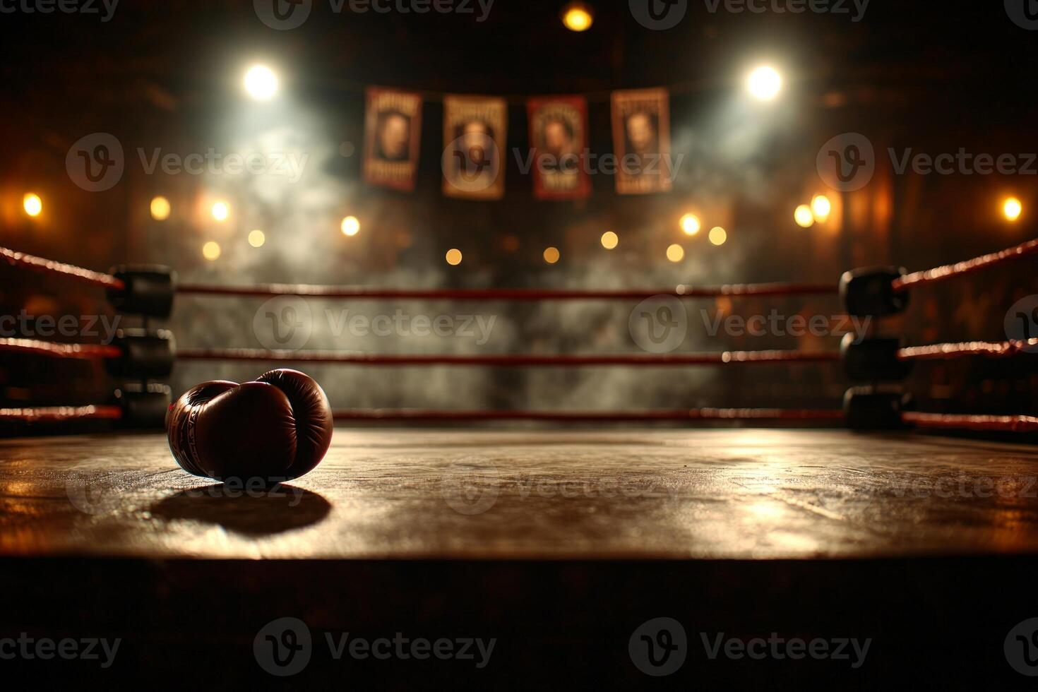 empty boxing ring sits in brightly lit arena showcasing banners of past champions. atmosphere captures essence of legacy and history of sport evoking memories of great matches photo