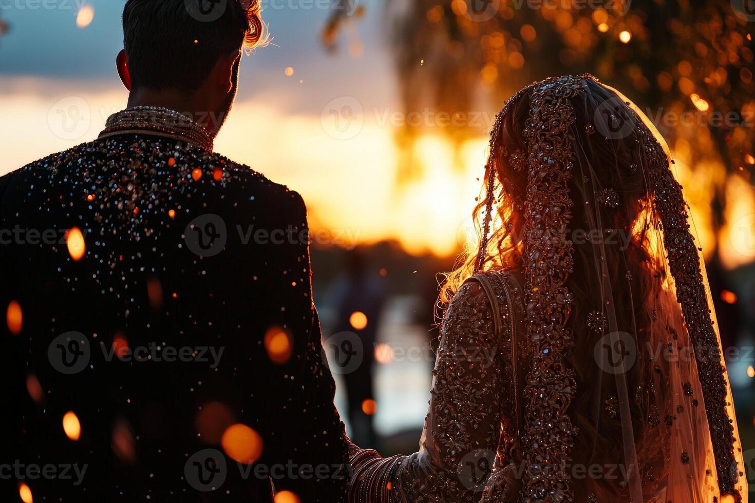 South Asian couple dressed in traditional attire stands together riverbank enjoying tranquility of sunrise while thoughtfully gazing into horizon creating serene atmosphere photo