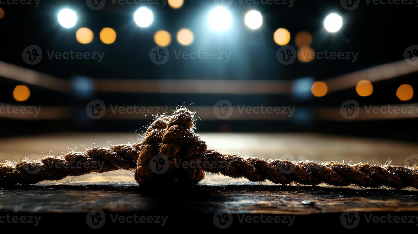 empty boxing ring fills frame from spectator's perspective emphasizing weathered ropes and soft spotlighting on canvas darkened backdrop enhancing mood photo