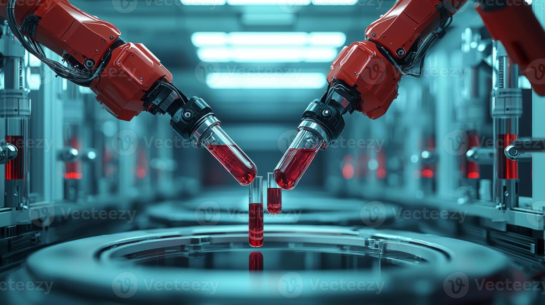 Robotic arms transfer blood samples precision in modern laboratory. These advanced machines demonstrate seamless integration of AI in medical testing enhancing efficiency photo