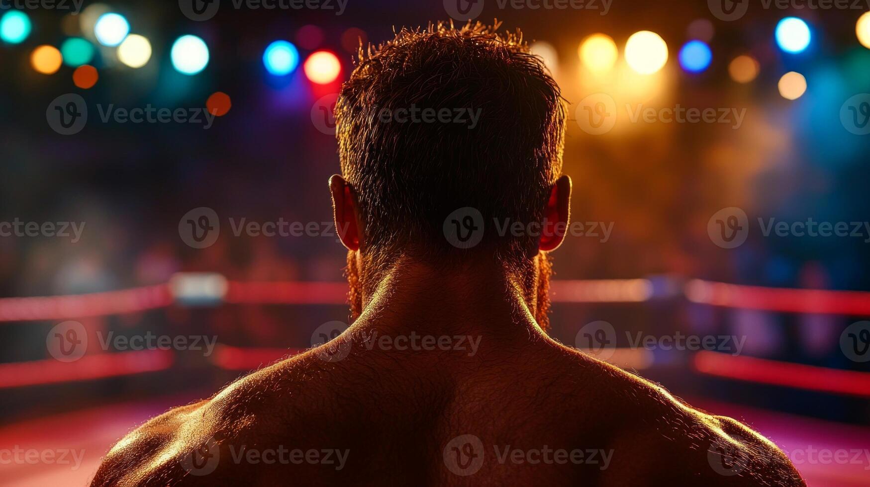 boxer stands outside ring focusing on empty canvas beneath single flickering spotlight. ropes frame view creating gritty cinematic mood photo