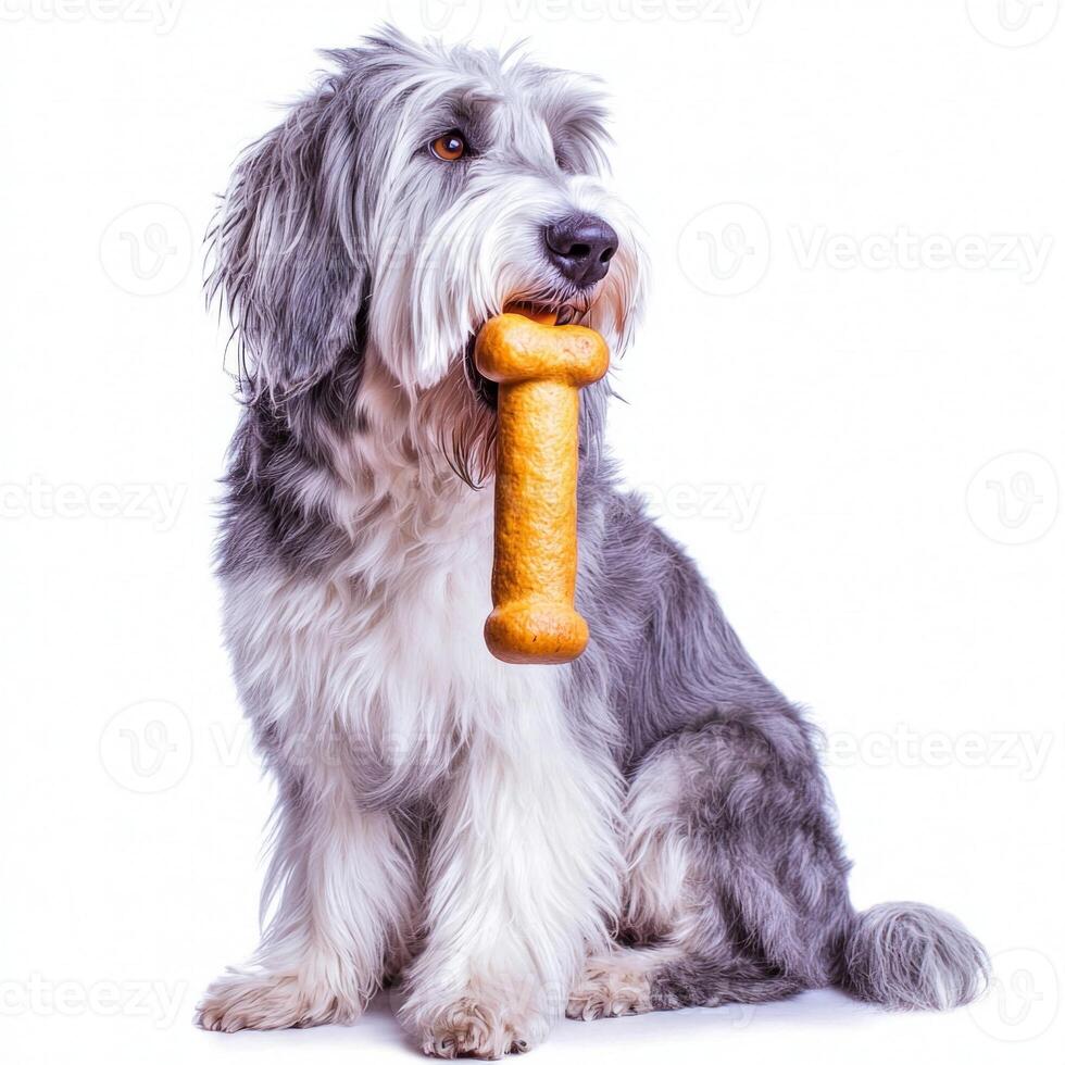 Bearded Collie happily chews on bone showcasing its fluffy coat and playful demeanor against pristine white backdrop creating cheerful and engaging moment photo