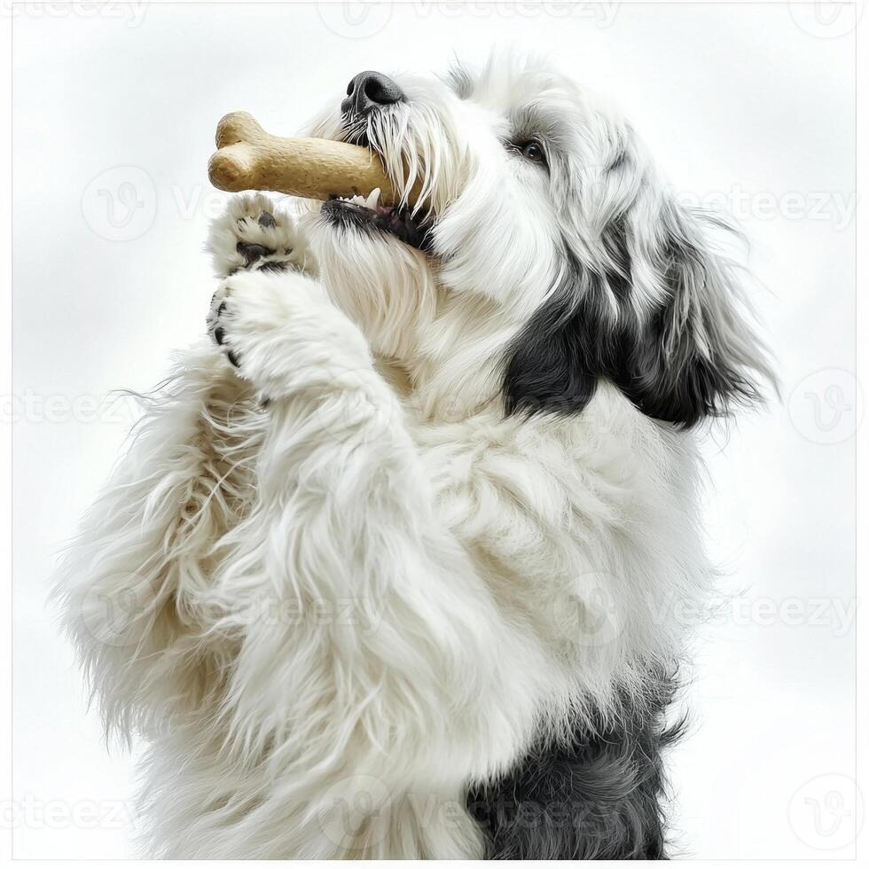 Bearded Collie is happily chewing on bone its paws raised. dog has fluffy fur and joyful expression creating charming moment against white background photo