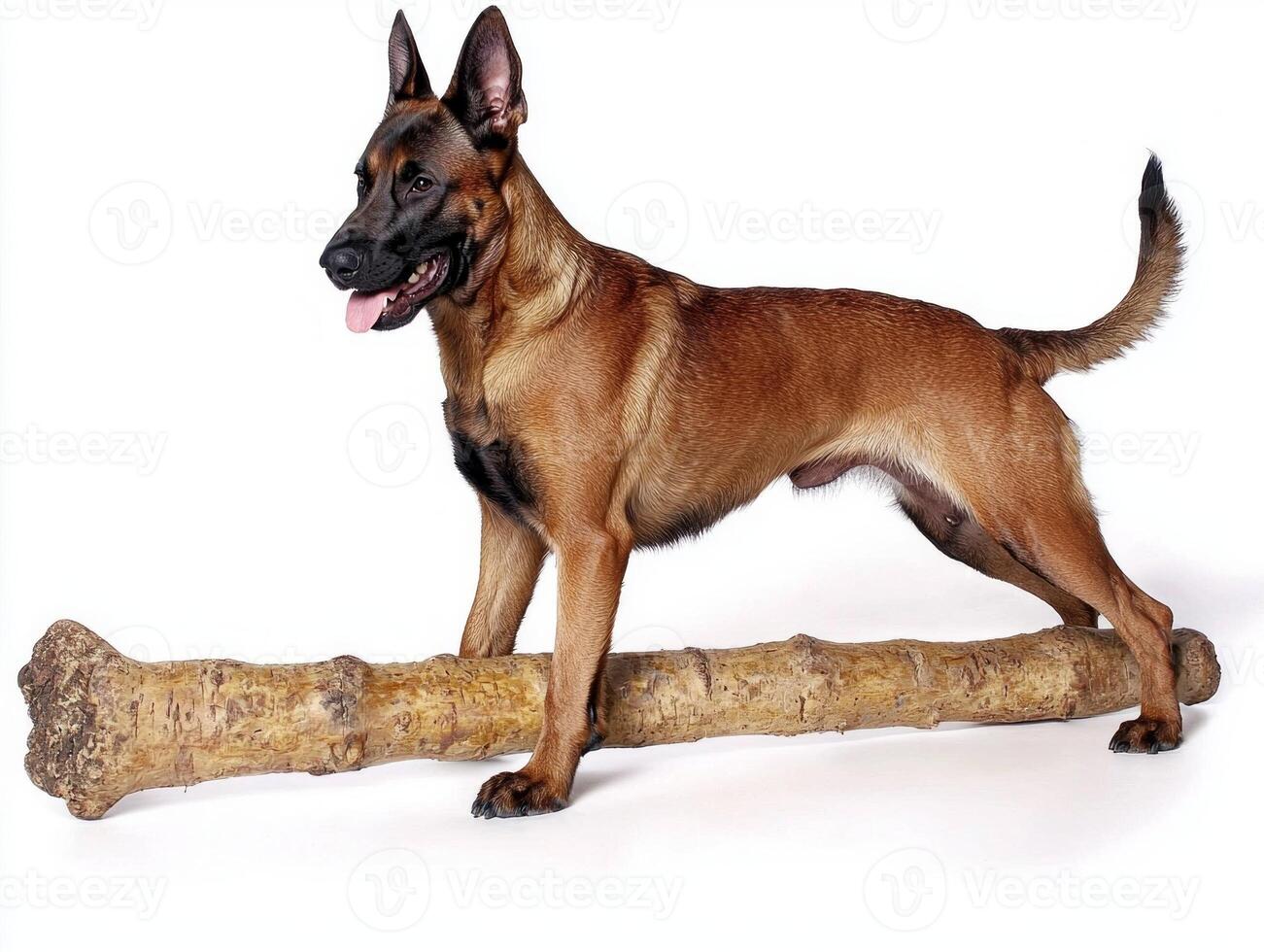 Belgian Malinois stands proudly beside large bone engaging in chewing activity. Its sleek coat and focused expression highlight its playful nature against bright background photo