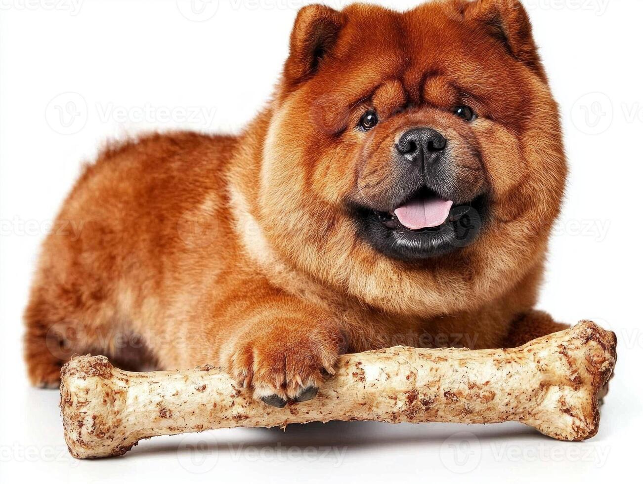 fluffy Chow Chow is happily chewing on large bone. dog has striking golden brown coat and broad face captured from side against clean white background photo