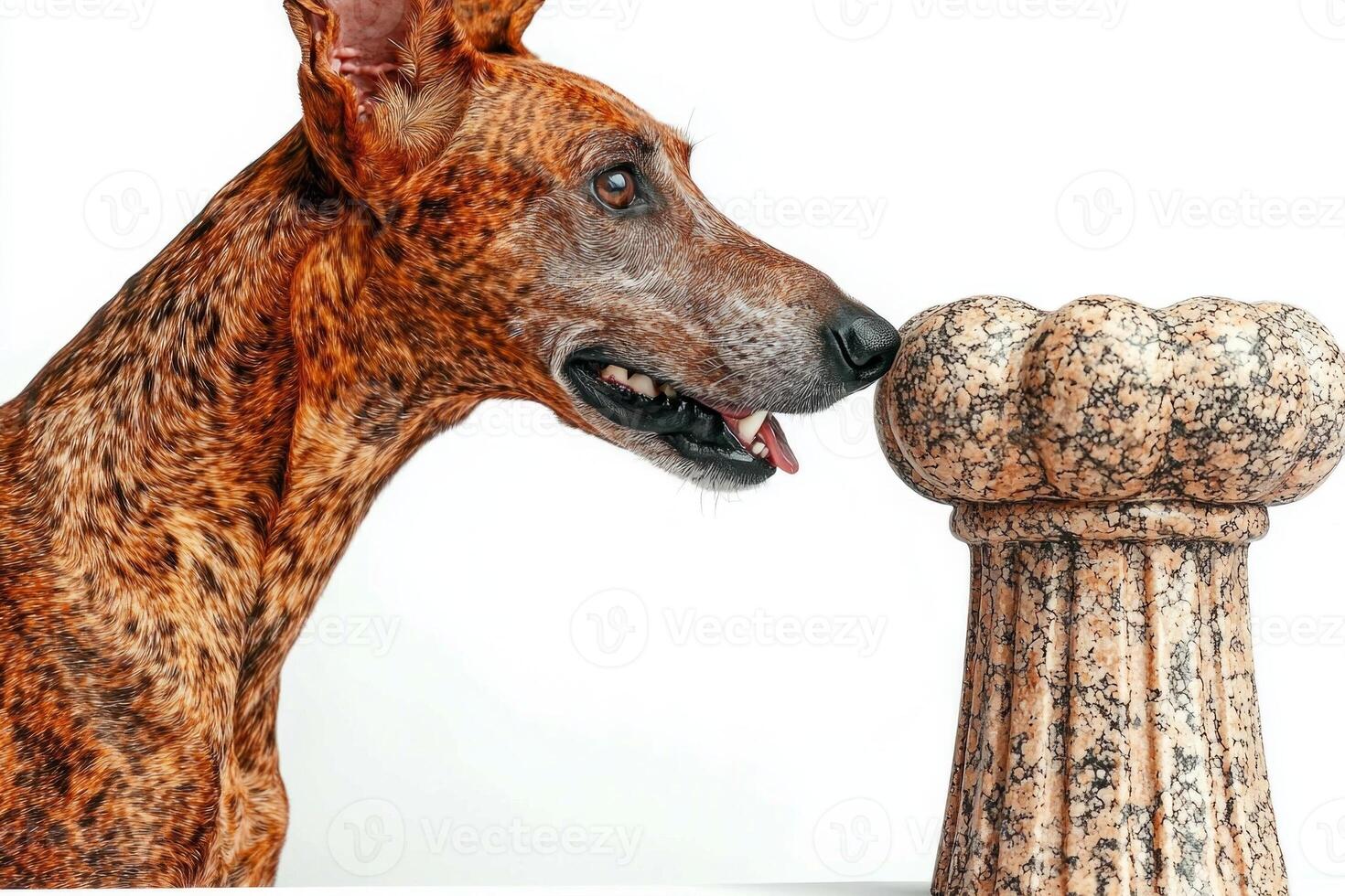 greyhound is observed from side engaged in chewing on bone. clean white background emphasizes dog's sleek form and playful nature capturing moment of enjoyment photo