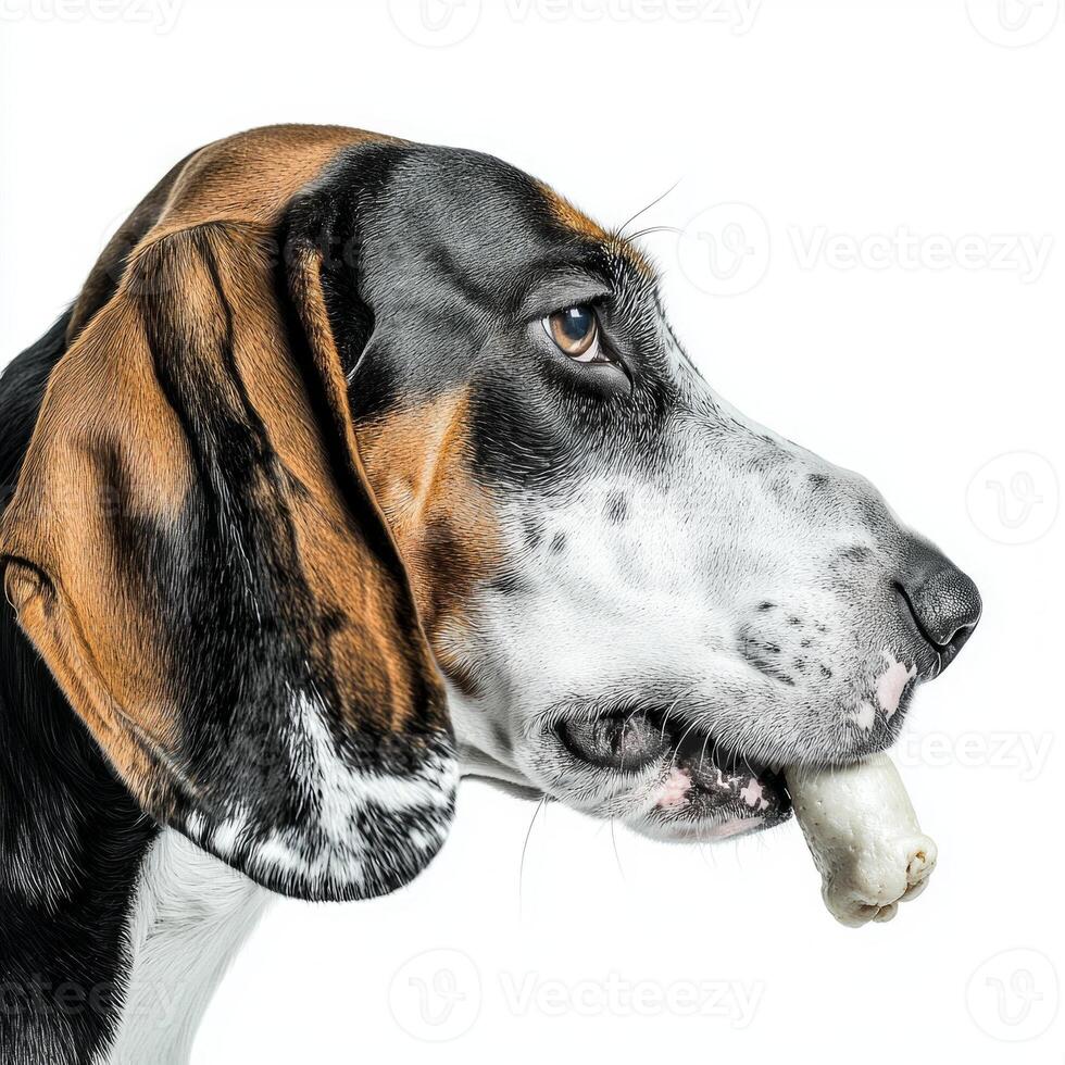 Treeing Walker Coonhound is engaged in chewing bone its expressive face visible from side view. clean white background highlights dog's features and fur patterns photo
