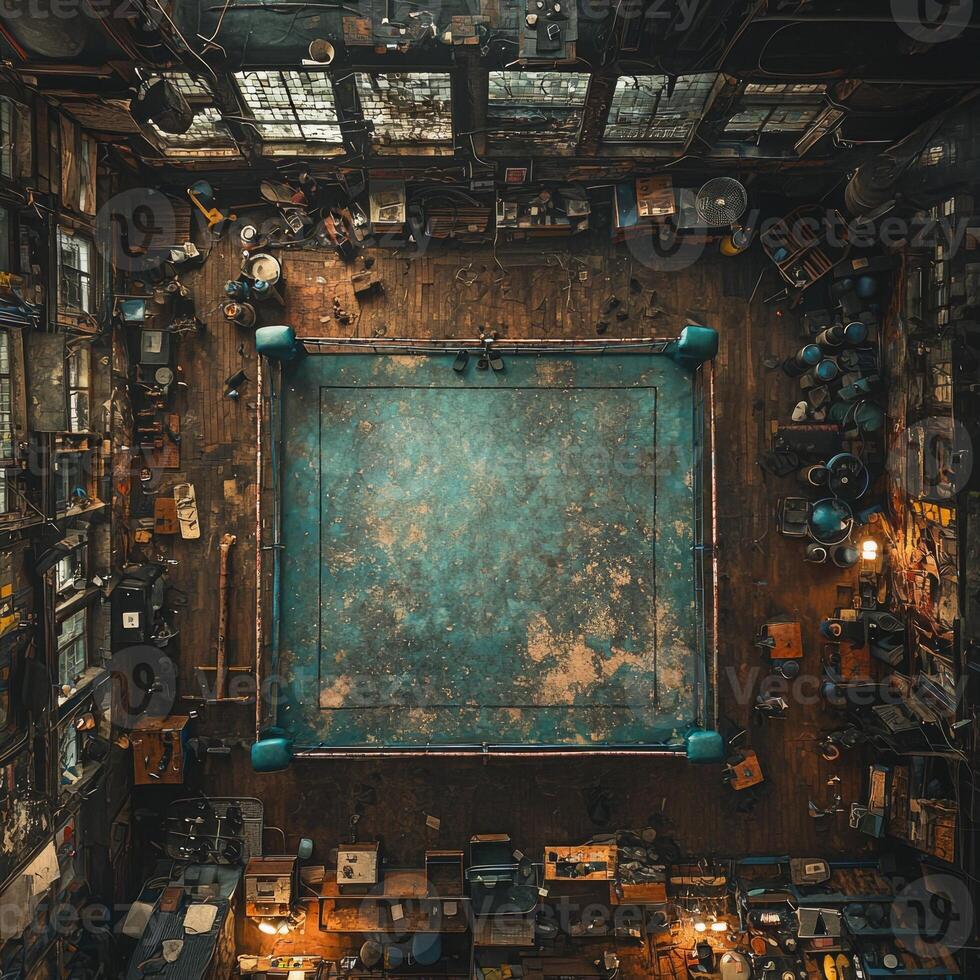empty boxing ring marked footprints and chalk sits beneath soft overhead lighting in gym filled equipment. Reflections from mirrors add depth scene photo
