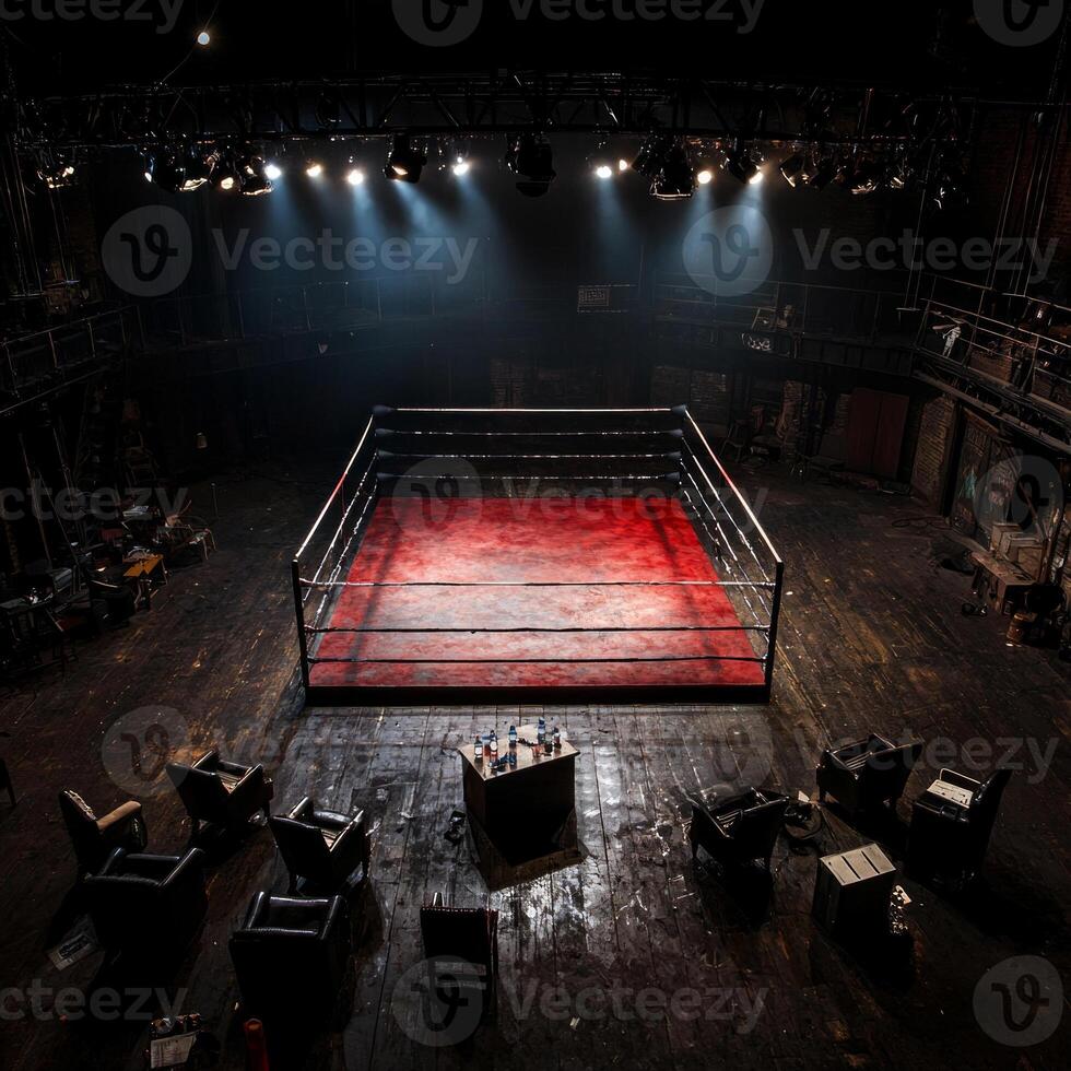 striking top down view captures empty boxing ring surrounded neatly arranged chairs and water bottles. Dramatic shadows create engaging atmosphere in venue photo