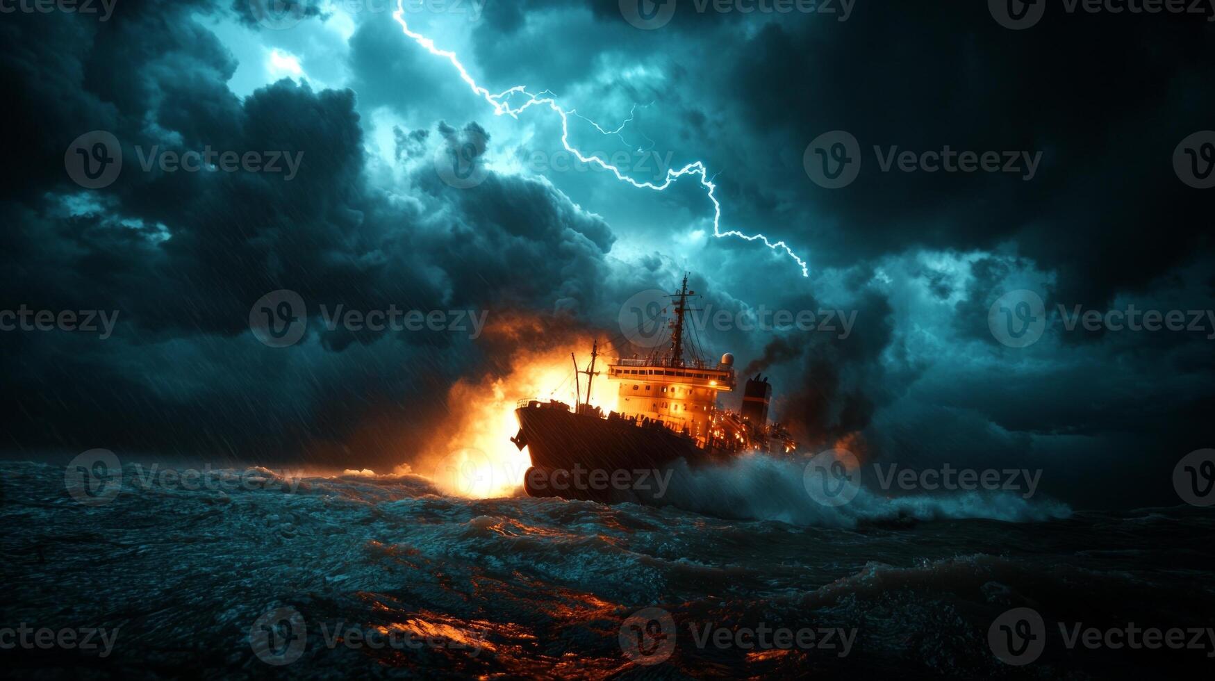 large cargo ship endures tumultuous waves in fierce storm dark clouds and striking lightning illuminating turbulent ocean photo