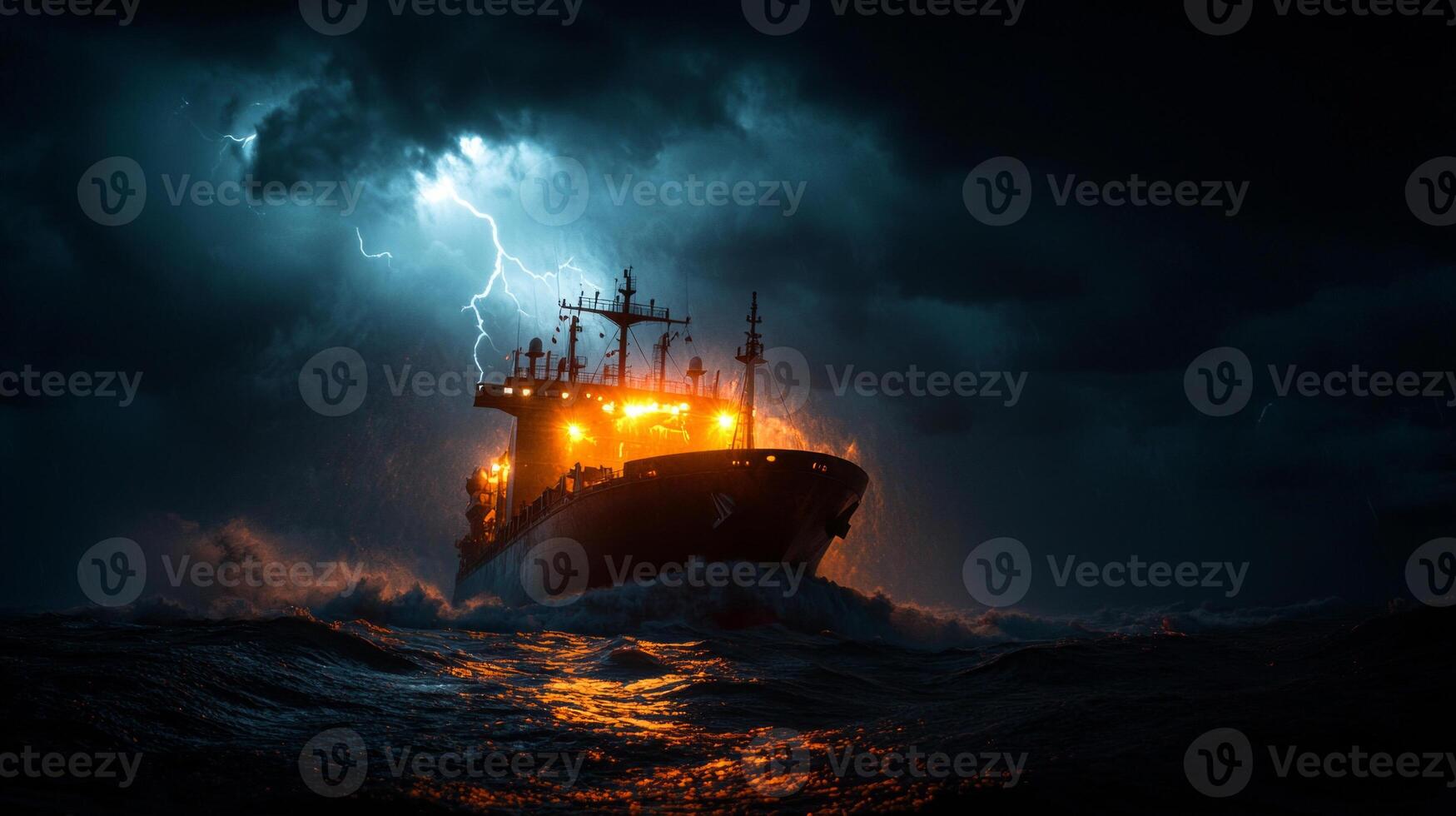 large cargo ship struggles against powerful waves during fierce storm illuminated flashing lightning and surrounded dark clouds. turbulent waters create dramatic atmosphere photo