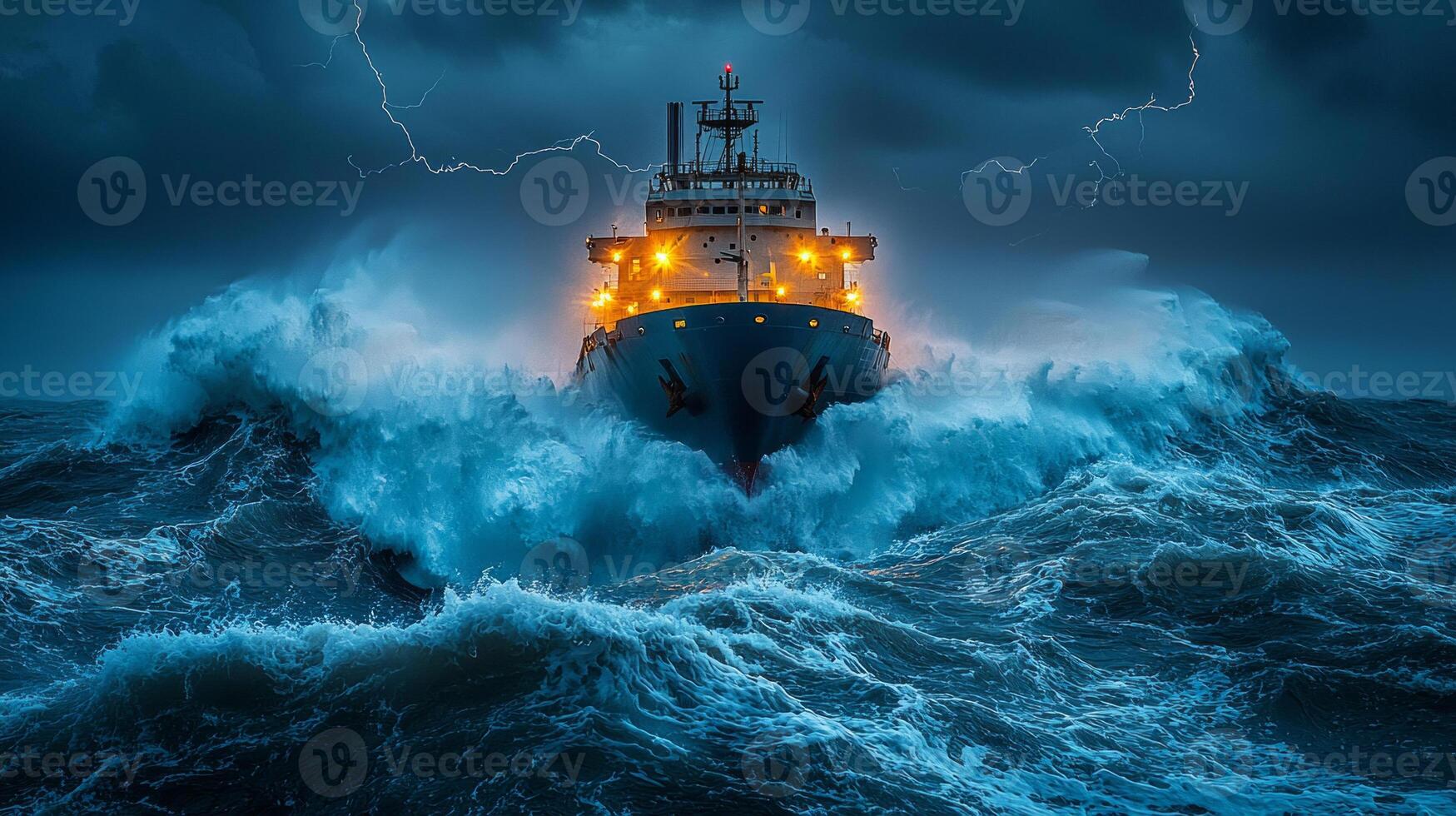 large cargo ship struggles against towering waves during fierce storm. Dark clouds hover overhead while sporadic lightning highlights chaos of turbulent ocean photo