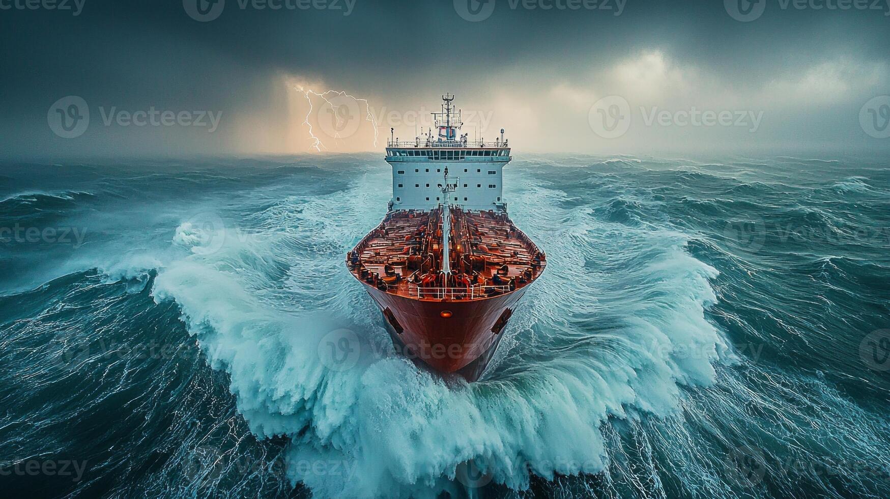 large cargo ship navigates fierce ocean waves amid violent storm dark clouds overhead and intermittent lightning striking turbulent waters all around photo