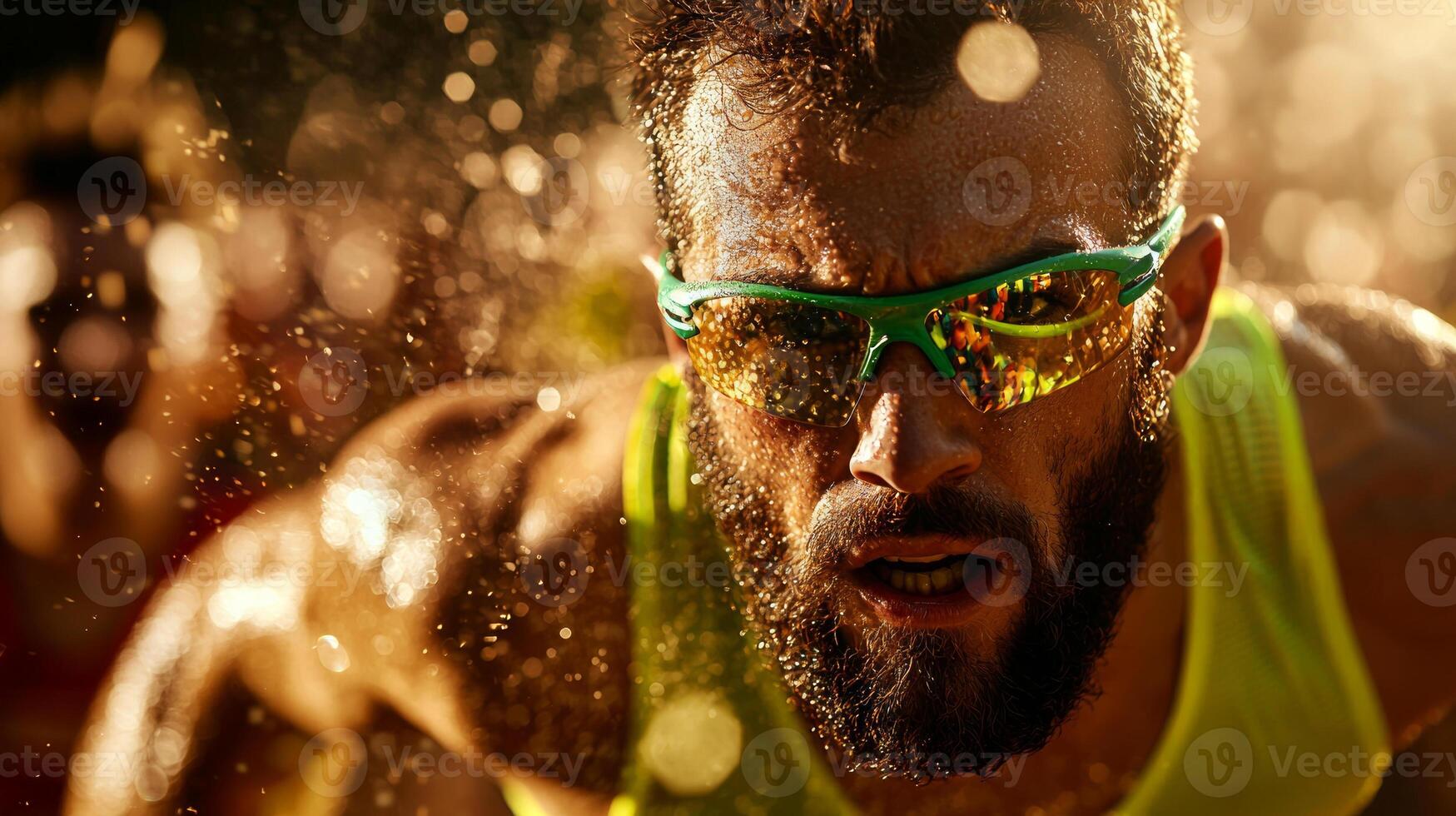 determined Middle Eastern athlete running blade prosthetic triumphantly crosses finish line as crowd erupts in celebration dramatic outdoor event photo