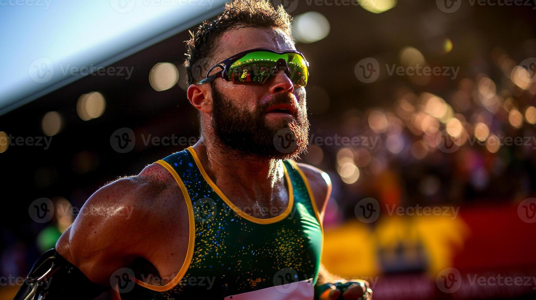 determined athlete races finish line running blade prosthetic aiding his speed. cheering crowd fills stadium as dramatic lighting highlights moment photo