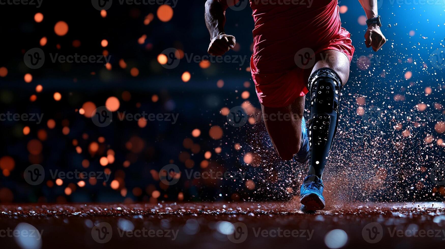 Middle Eastern runner powers through finish line showcasing running blade prosthetic amid vibrant stadium filled energy and excitement photo