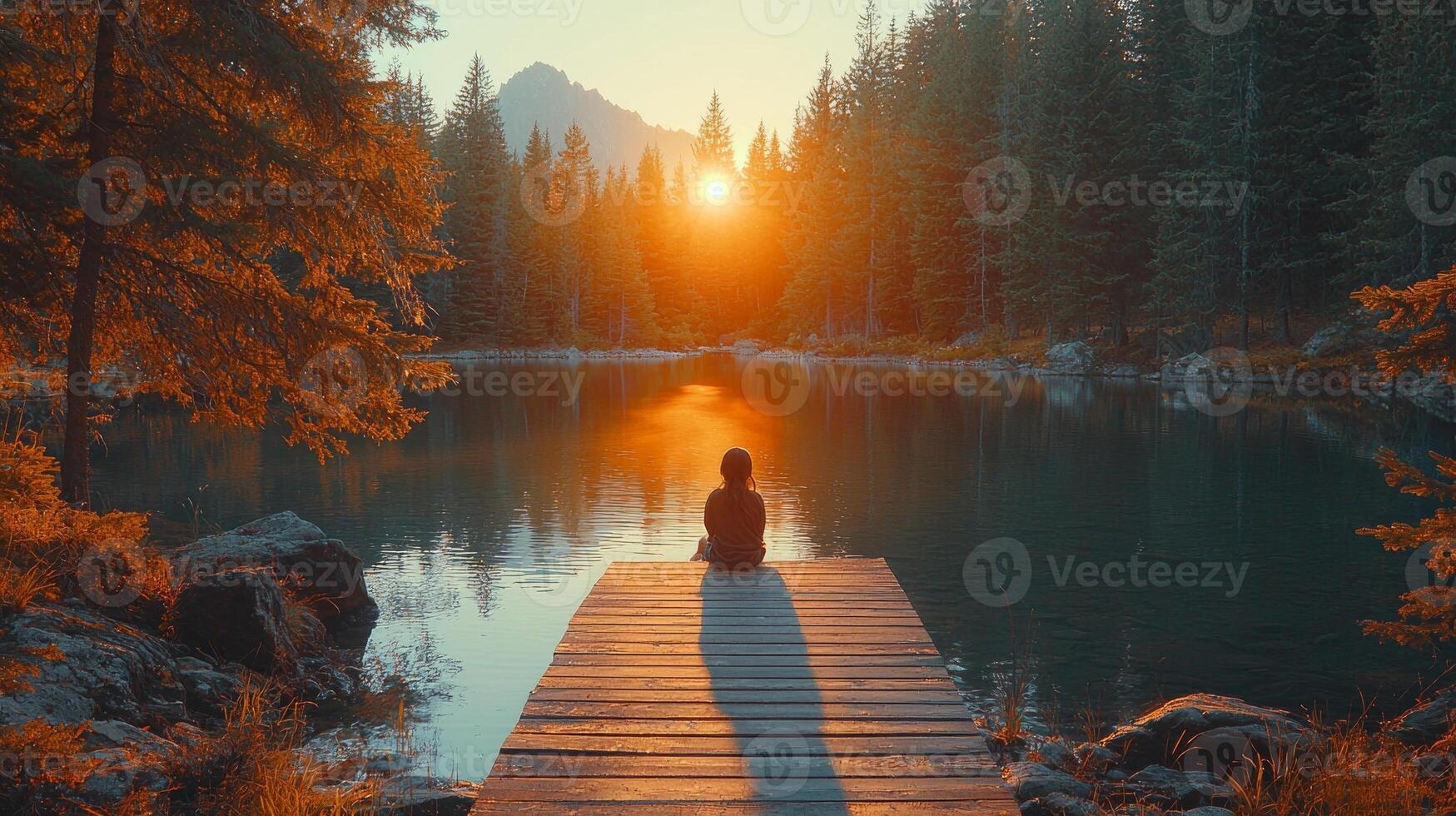 Native American child sits peacefully on wooden dock dipping their feet into serene lake. Warm golden hour light illuminates scene while pine trees frame background photo