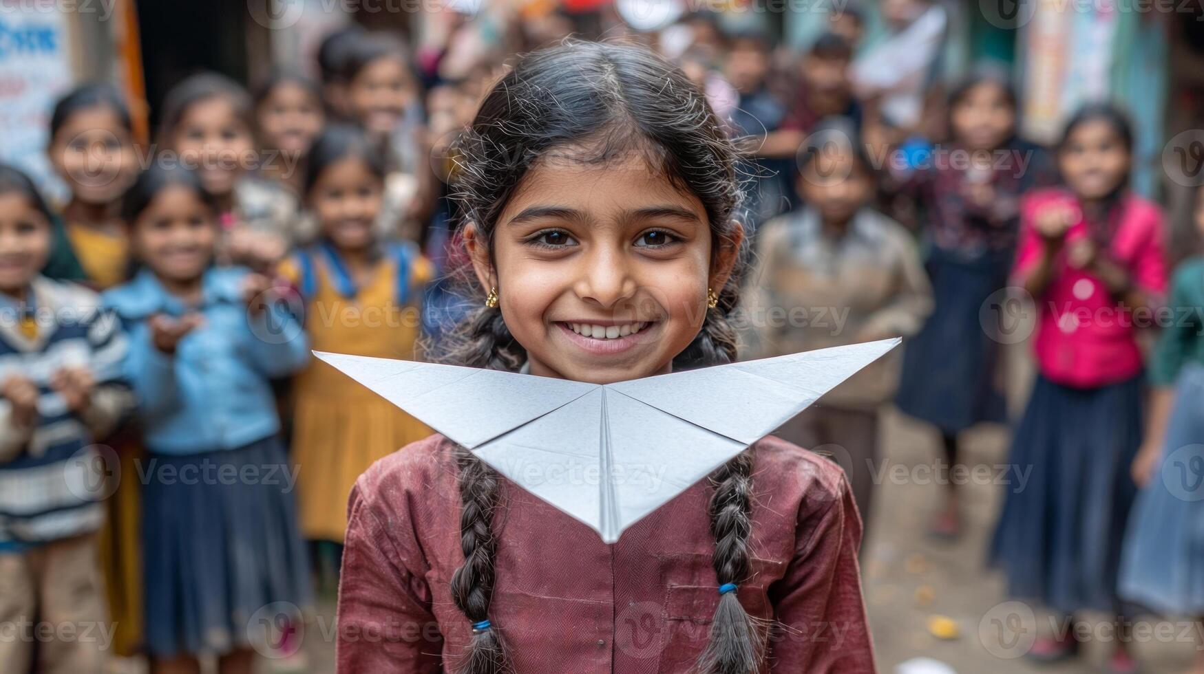 South Asian girl laughs as she flies paper airplane in schoolyard. Her friends cheer excitedly in background enjoying bright afternoon filled fun and friendship photo