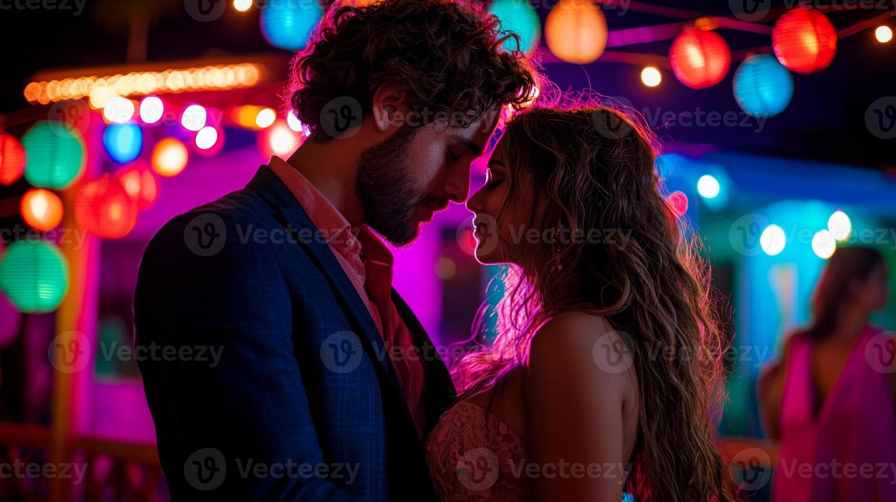 young Hispanic couple enjoys romantic dance colorful string lights on rooftop. vibrant city skyline creates beautiful backdrop in nighttime setting photo