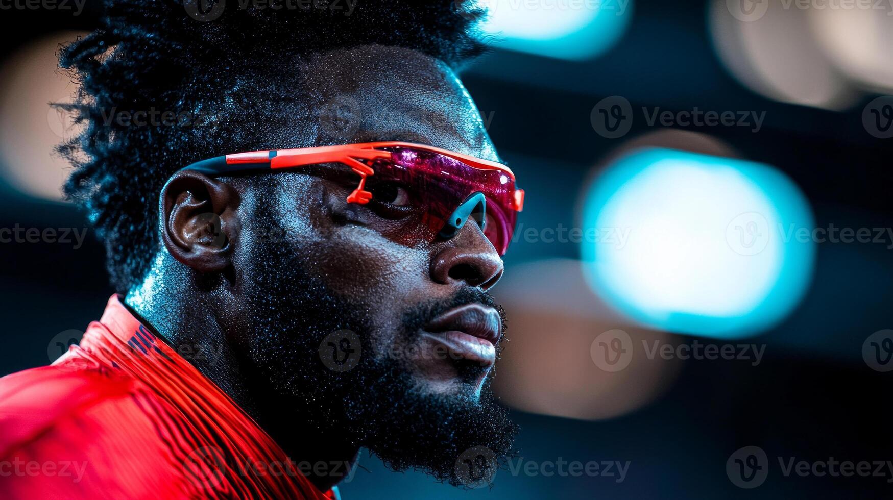 African American sprinter executes his race determination while using running blade prosthetic. Bright stadium lights enhance dramatic atmosphere of competition photo