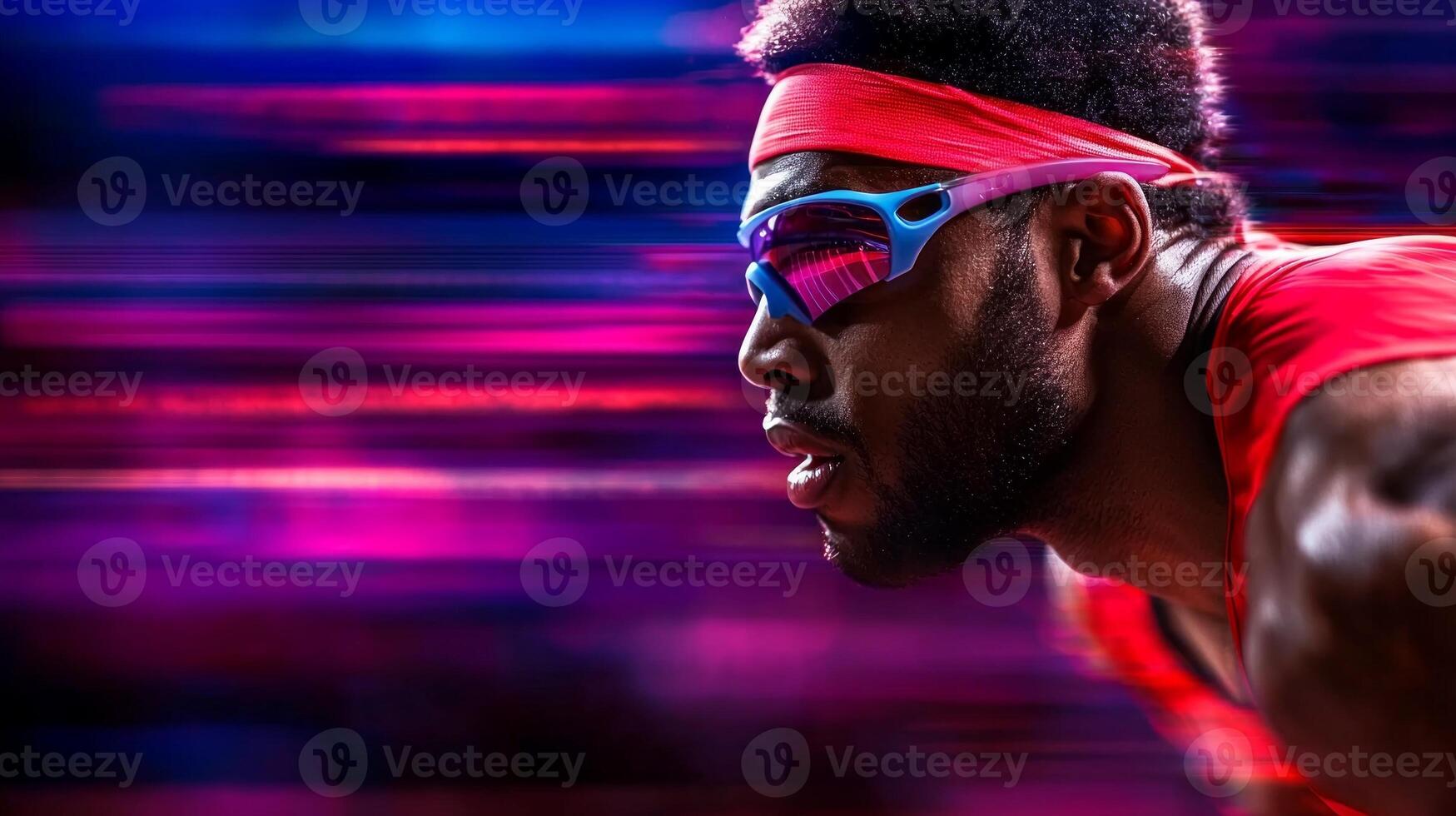 Mid race African American sprinter running blade prosthetic focuses intently while sprinting. Motion blur captures his speed against vibrant stadium lights photo