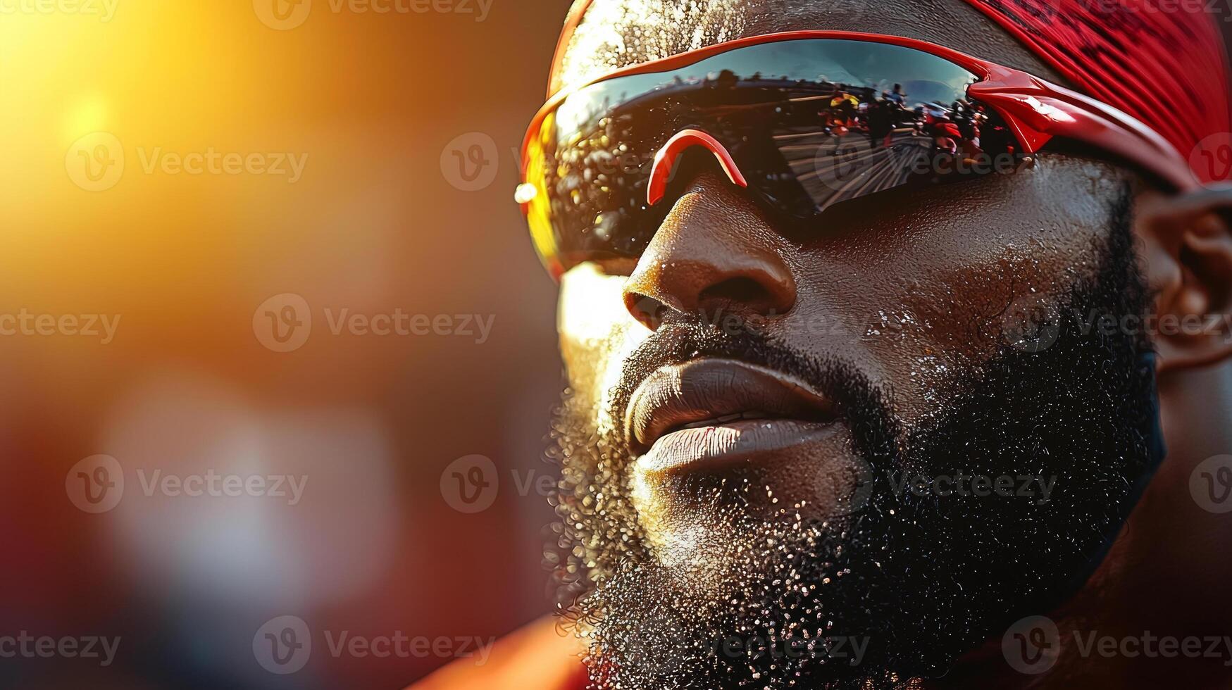 Mid race African American sprinter utilizes carbon fiber running blade prosthetic showcasing remarkable speed and focus on professional track bright sunlight photo