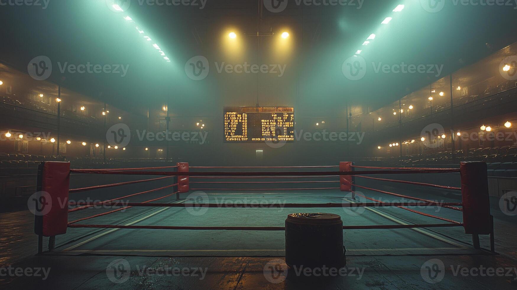 empty boxing ring awaits action bright stadium lights. large scoreboard glows softly as empty seats line background creating sleek modern atmosphere photo