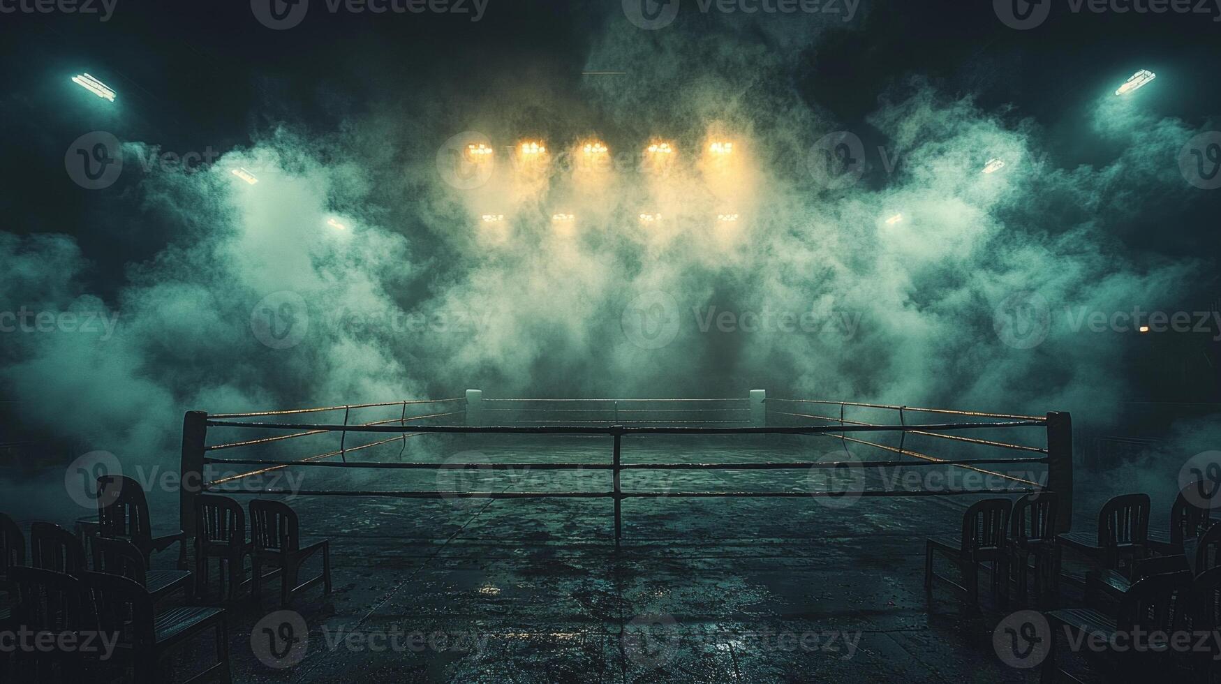 wide shot of empty boxing ring surrounded thick fog from smoke machine. ring is illuminated spotlight while scattered chairs create gritty atmosphere photo